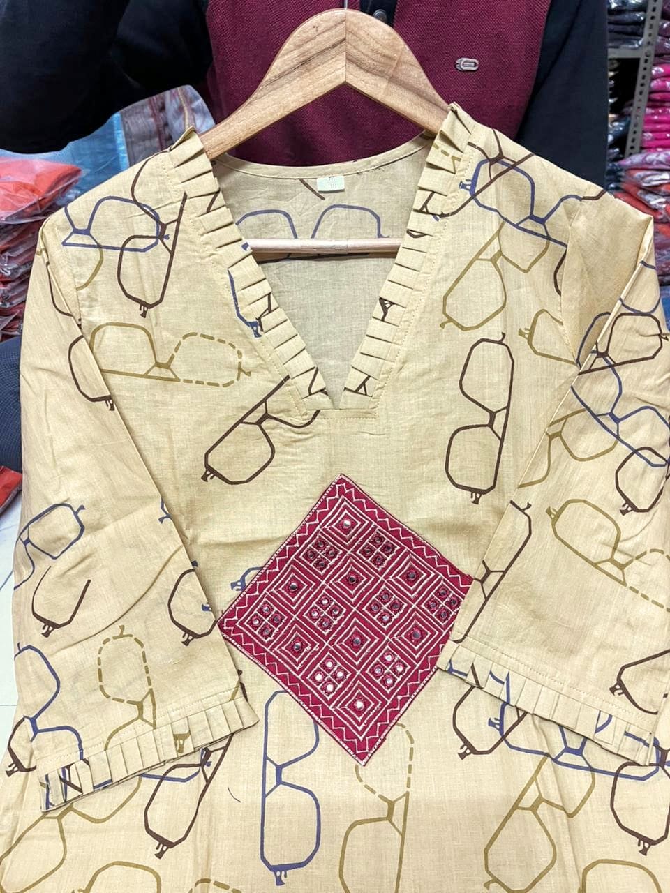 Beige Printed Cotton Kurti Palazzo Set for Women