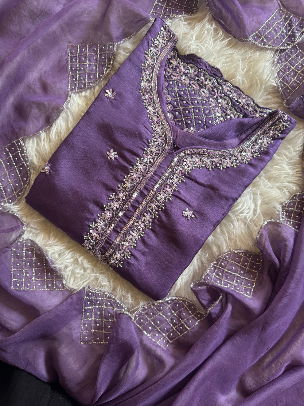 Pink neck embroidered kurta set with dupatta