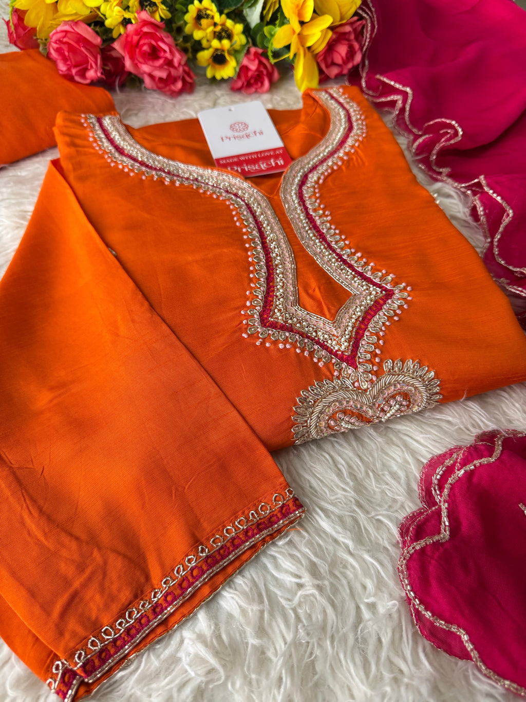 Designer Orange Embroidered Kurta bottom With Dupatta
