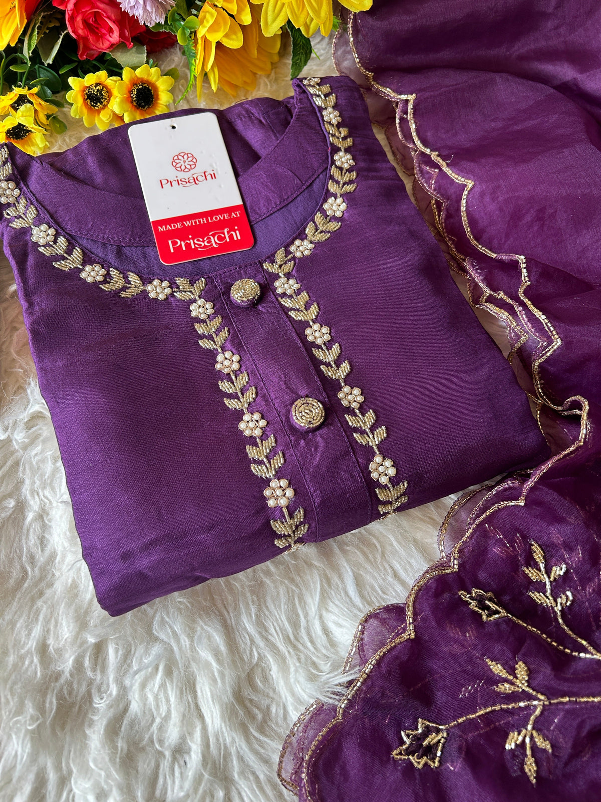 Purple embroidered kurta set with dupatta