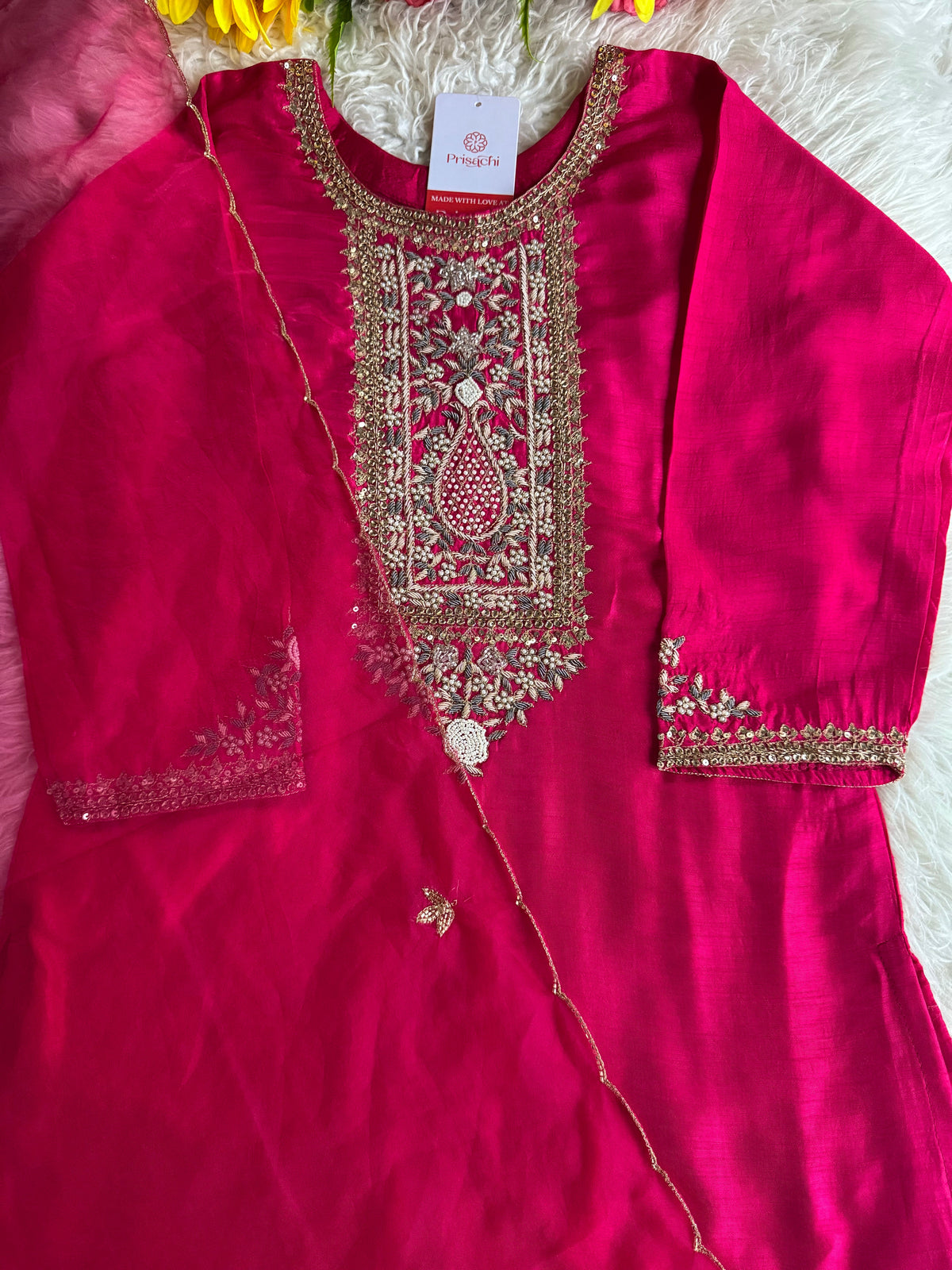 Pink designer embroidered kurta set with dupatta