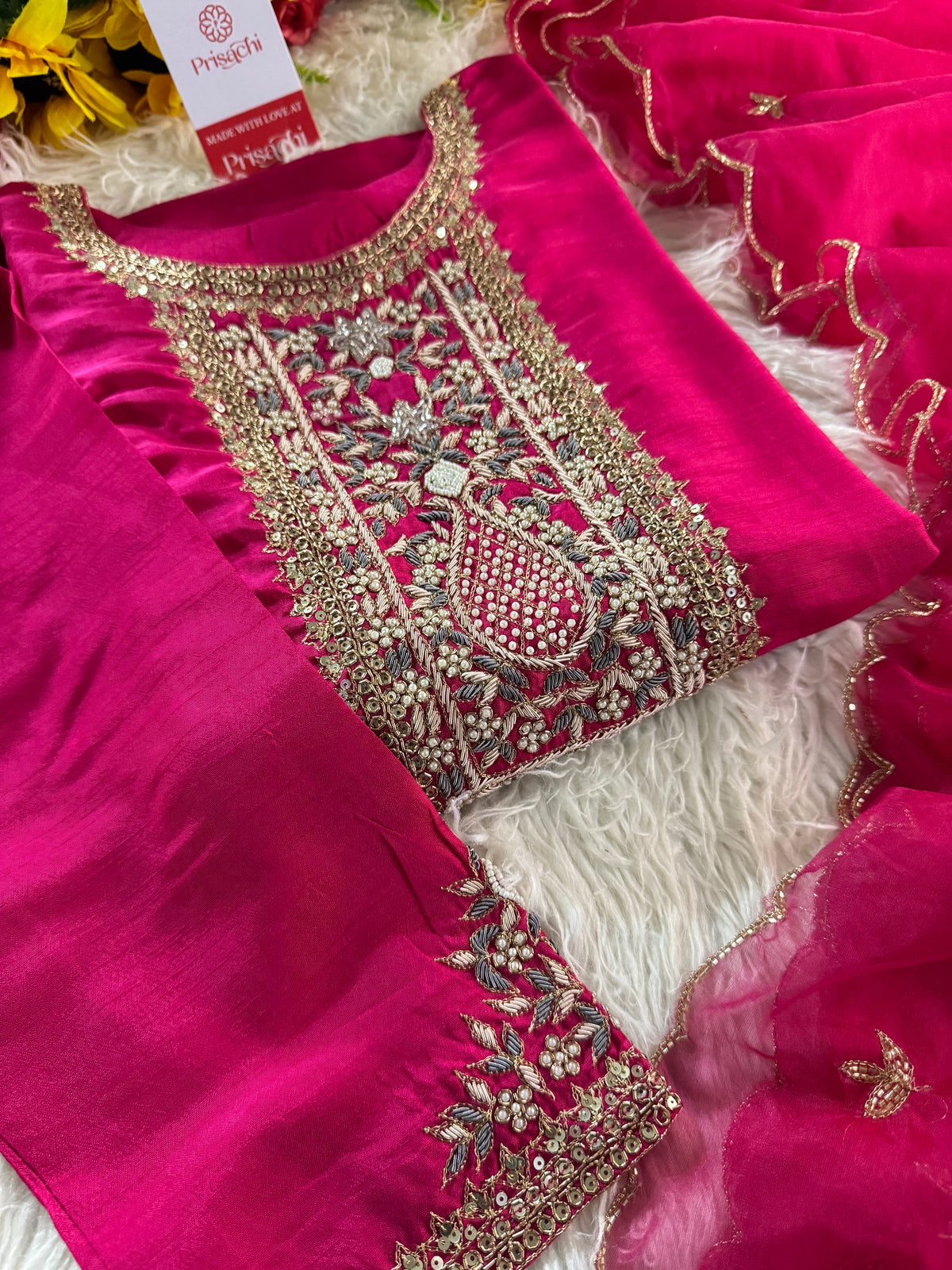 Pink designer embroidered kurta set with dupatta