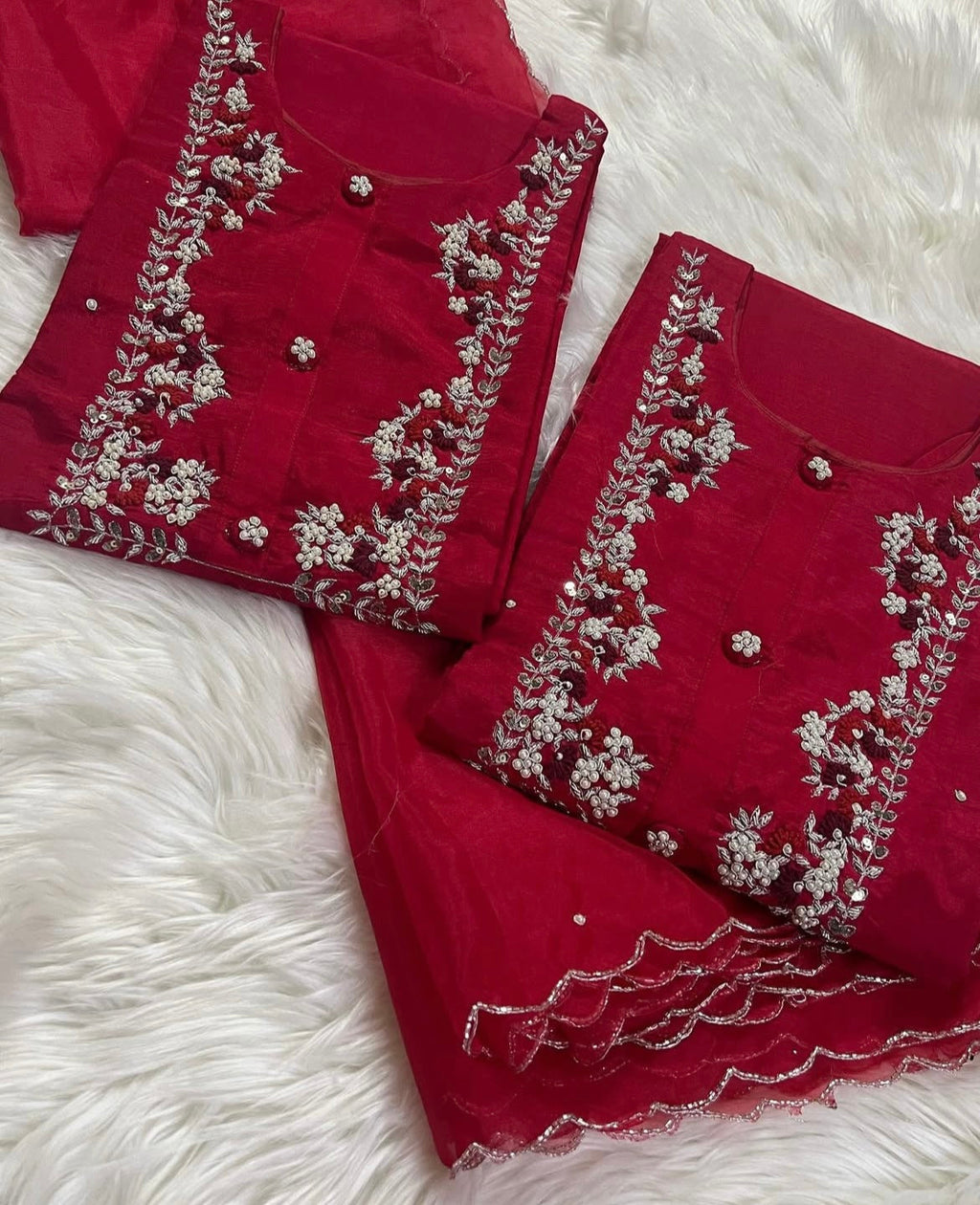 Red embroidered kurta Pant  with dupatta