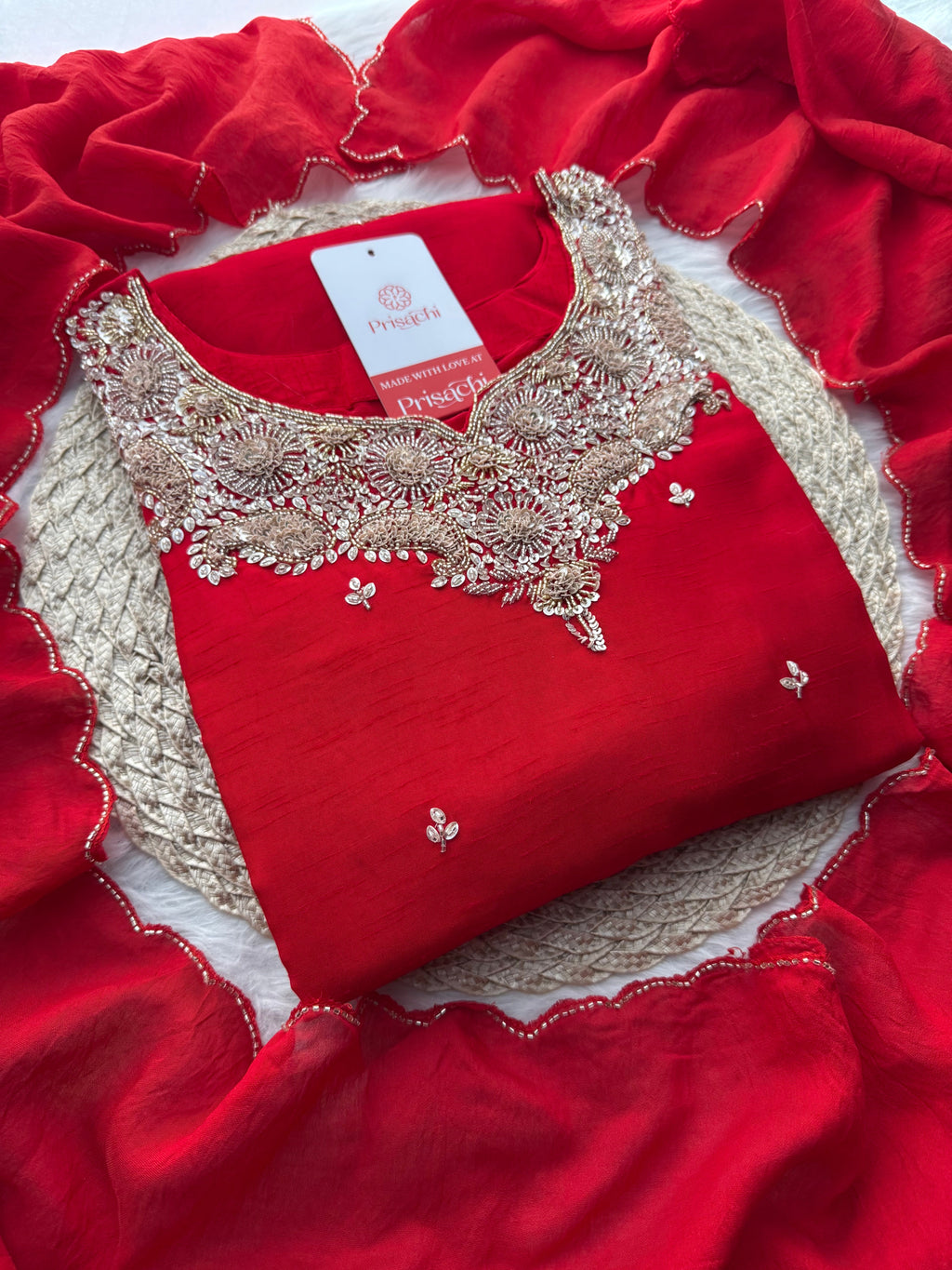 Red Embroidered kurta Pant with dupatta