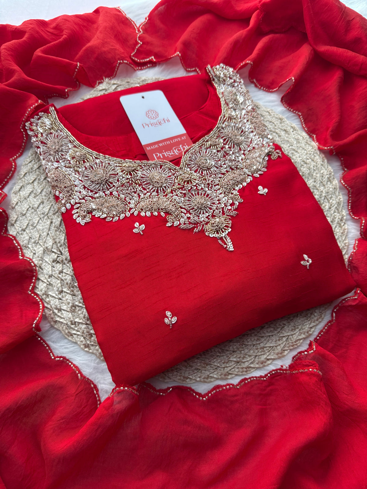 Red Embroidered kurta Pant with dupatta