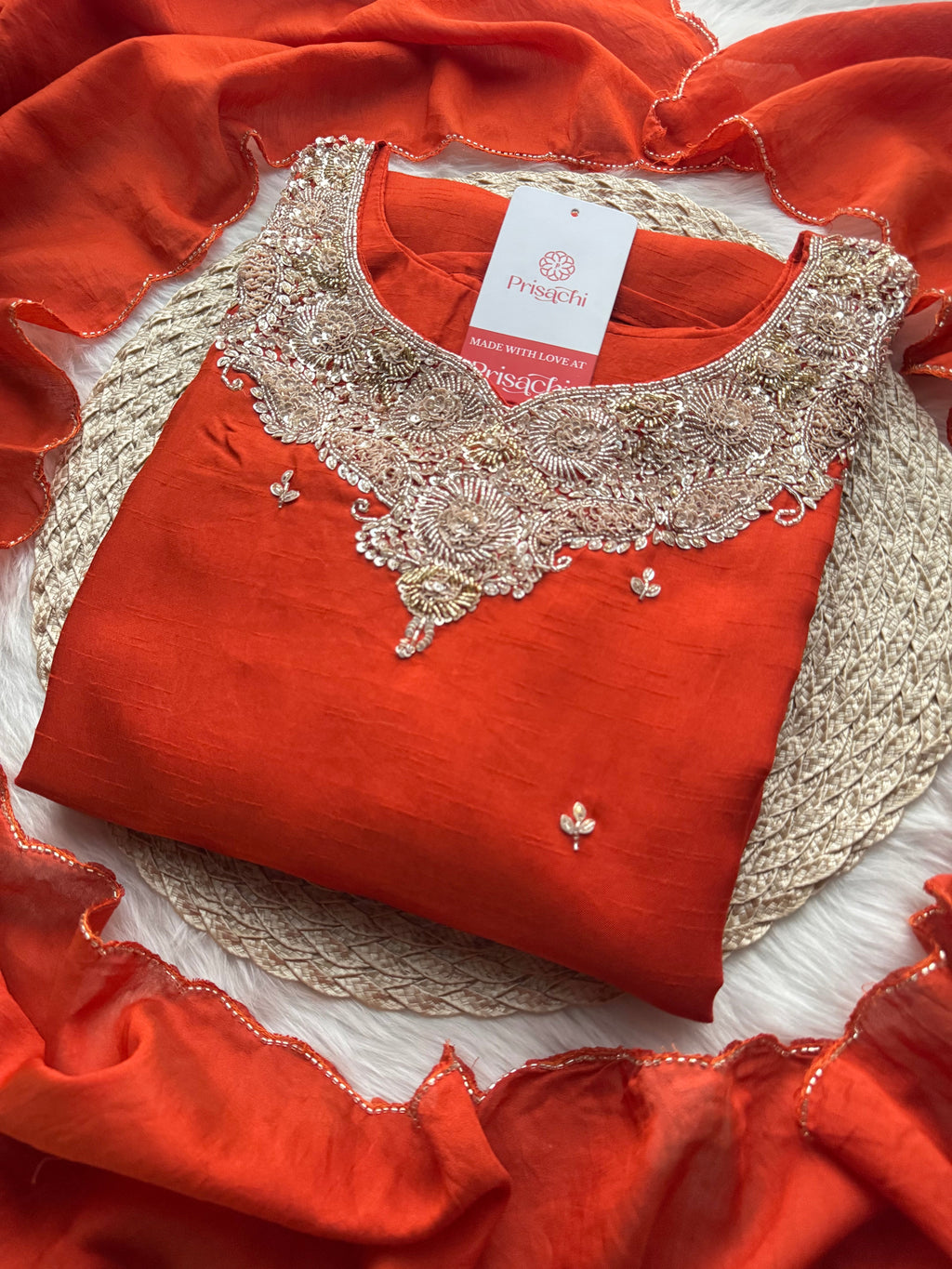 Red Embroidered kurta Pant with dupatta