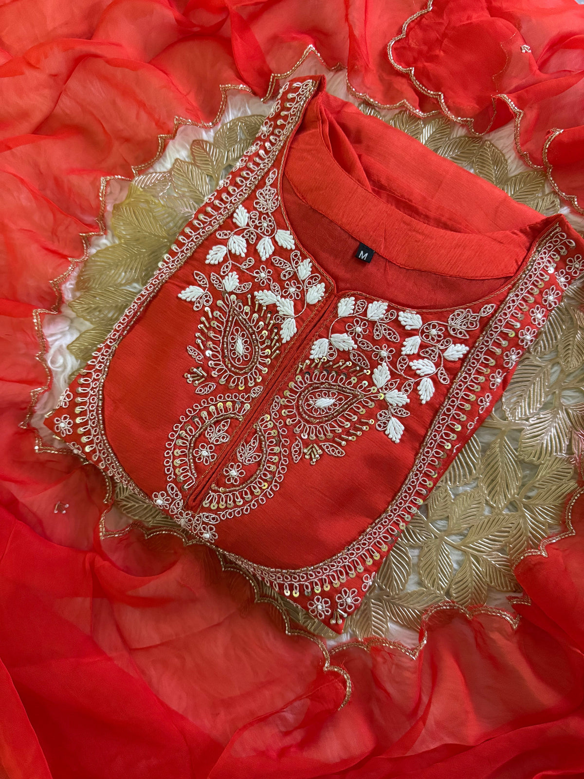 Orange Embroidered Kurta bottom With Dupatta