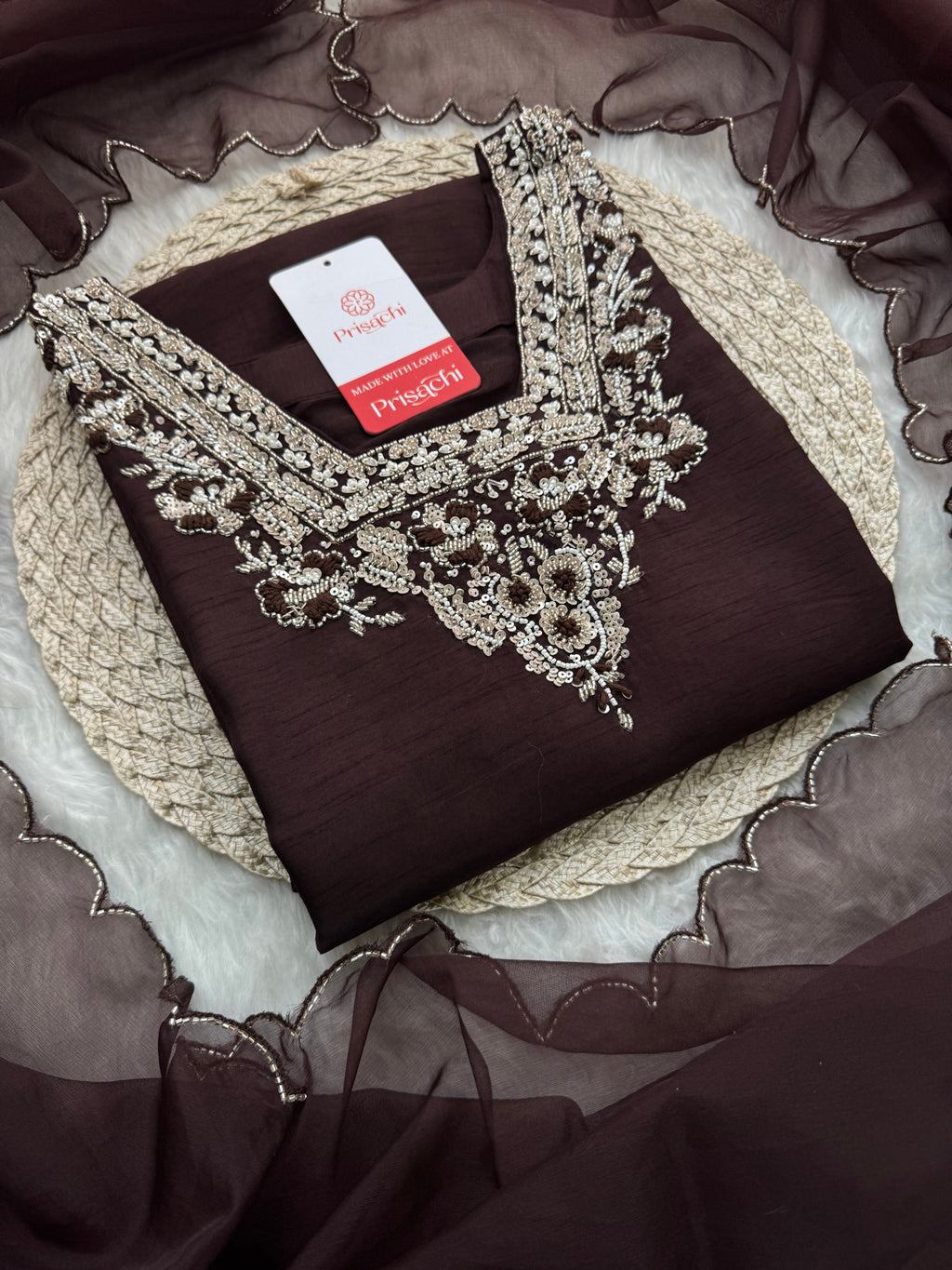 Brown hand embroidered kurta pant with dupatta