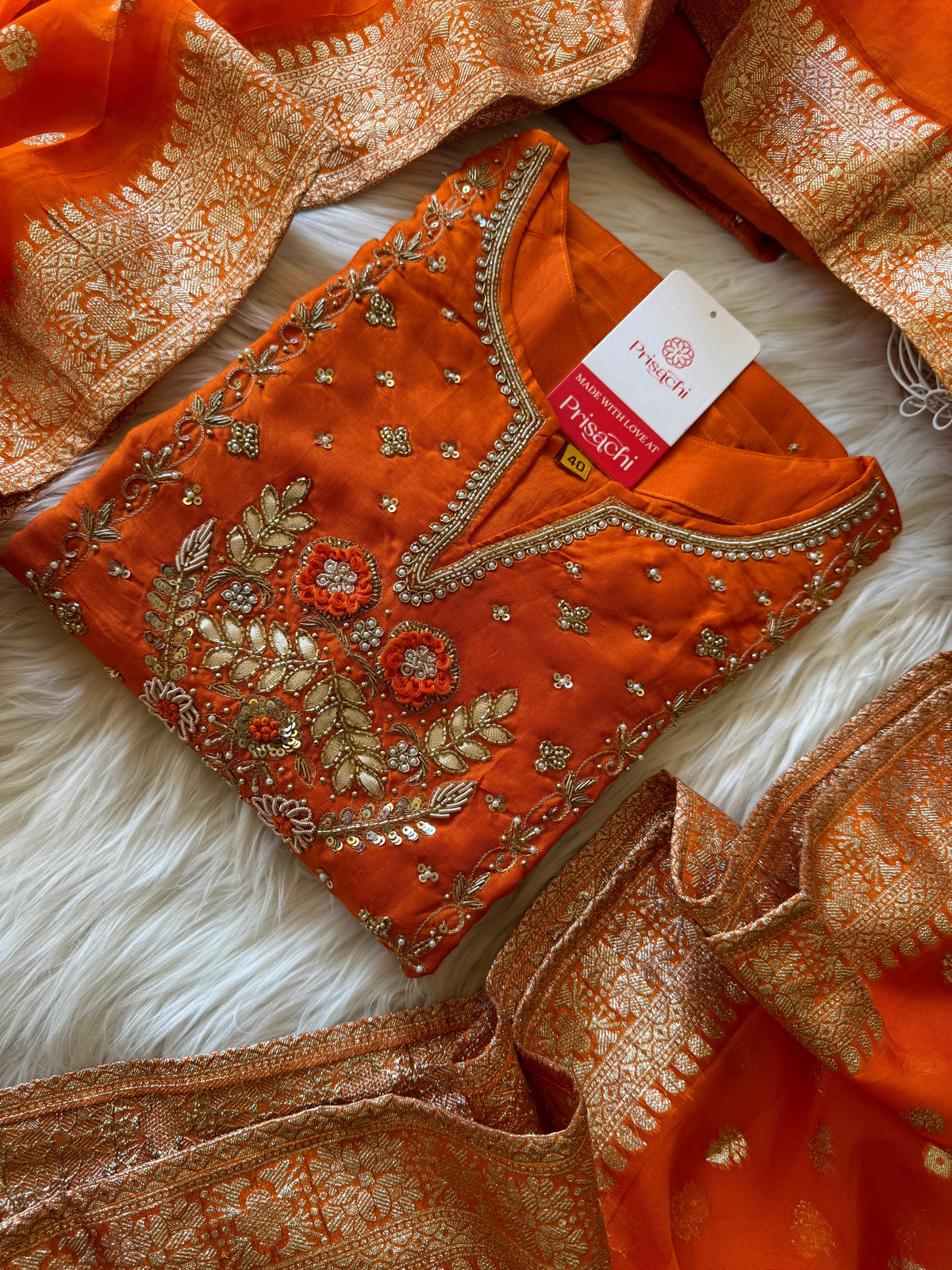 Orange Embroidered Kurta bottom With Dupatta