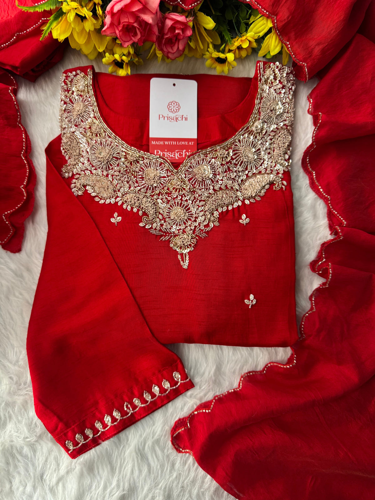 Red Embroidered kurta Pant with dupatta
