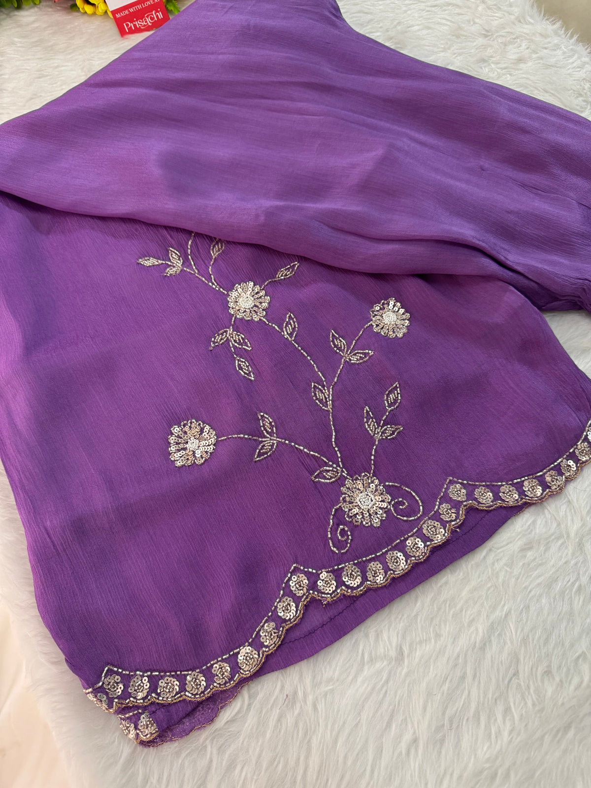 Purple  Embroidered Sharara Set with pants and Dupatta for Women | Prisachi