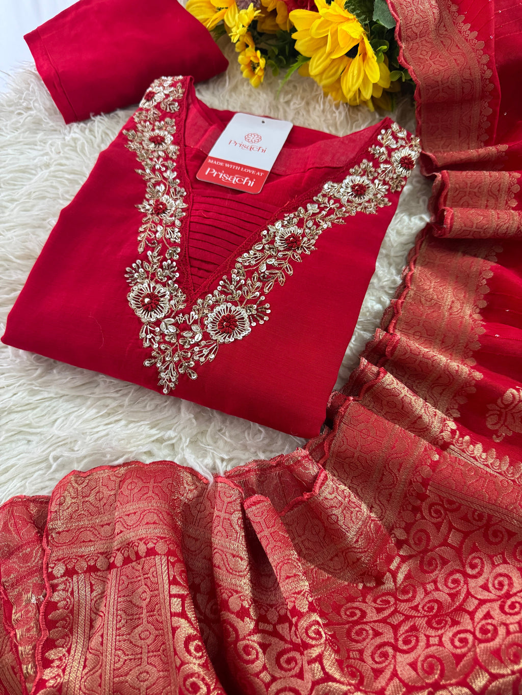 Brown hand embroidered kurta pant with dupatta