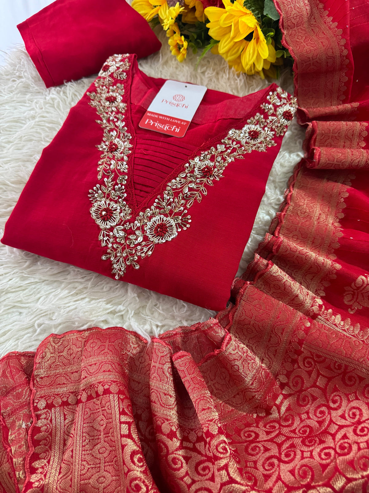 Brown hand embroidered kurta pant with dupatta