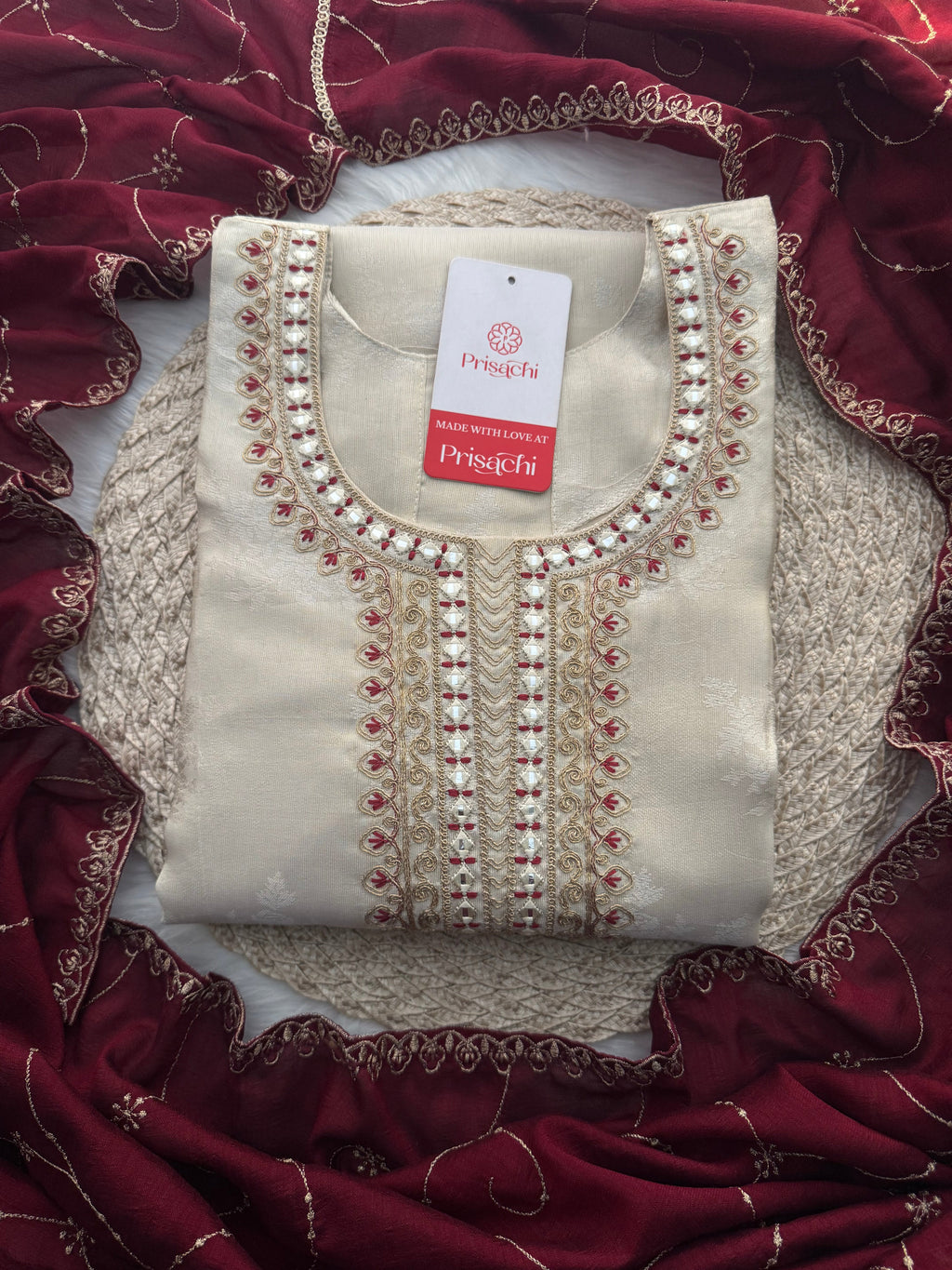 Off White Designer Embroidered Kurta set with dupatta and Pant