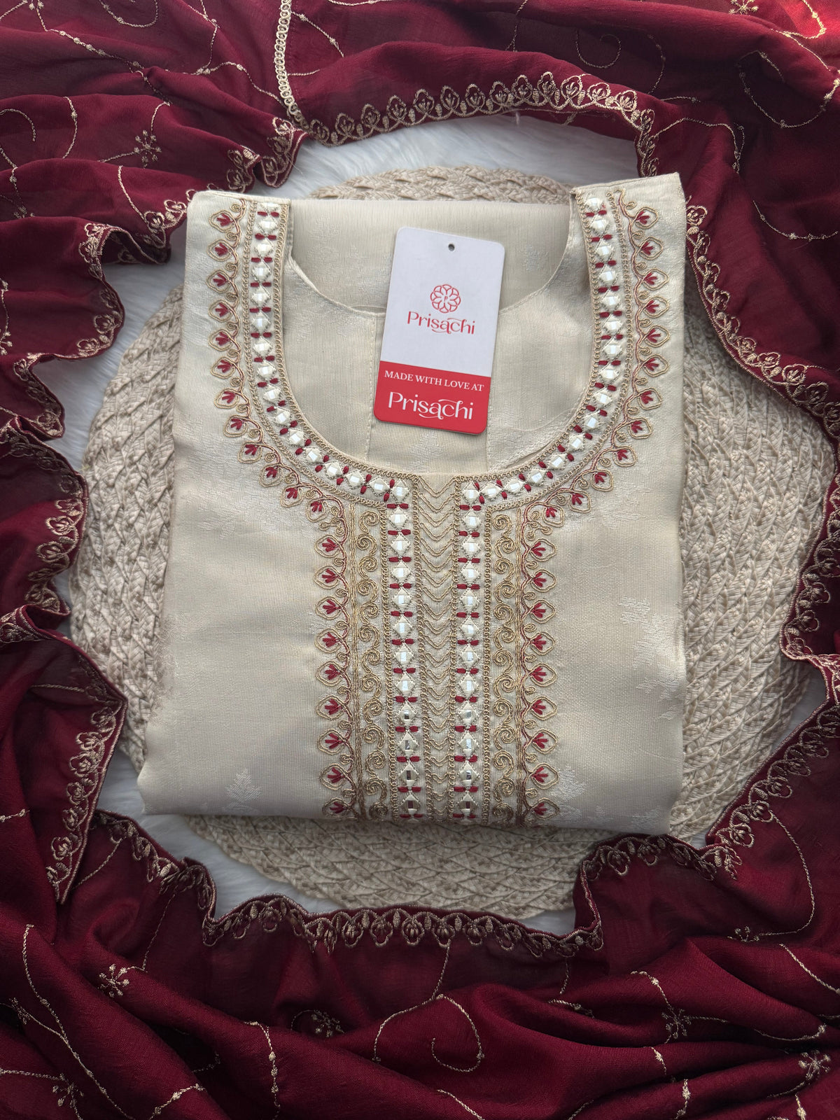 Off White Designer Embroidered Kurta set with dupatta and Pant