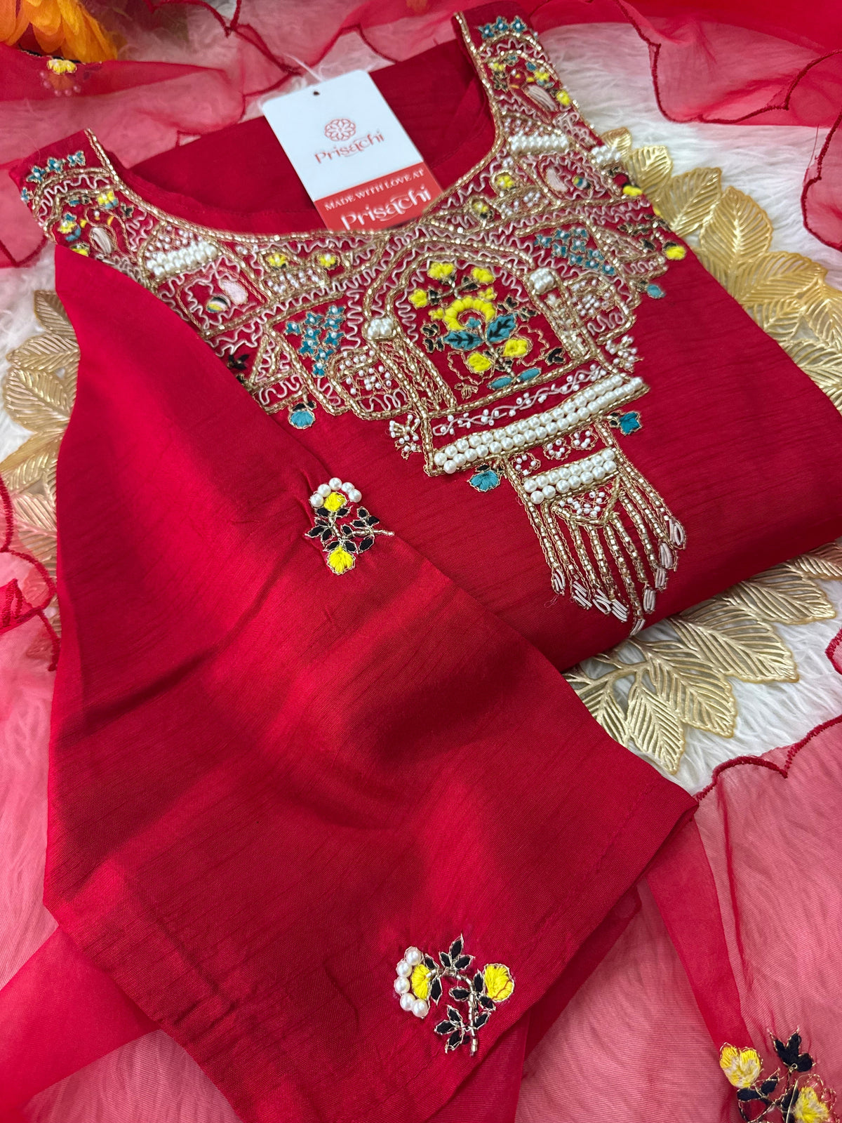 Red embroidered kurta set with dupatta