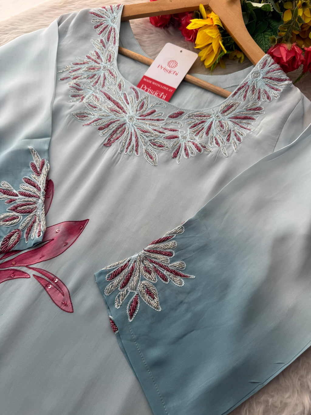 Baby Pink floral embroidered kurta set with dupatta and pant