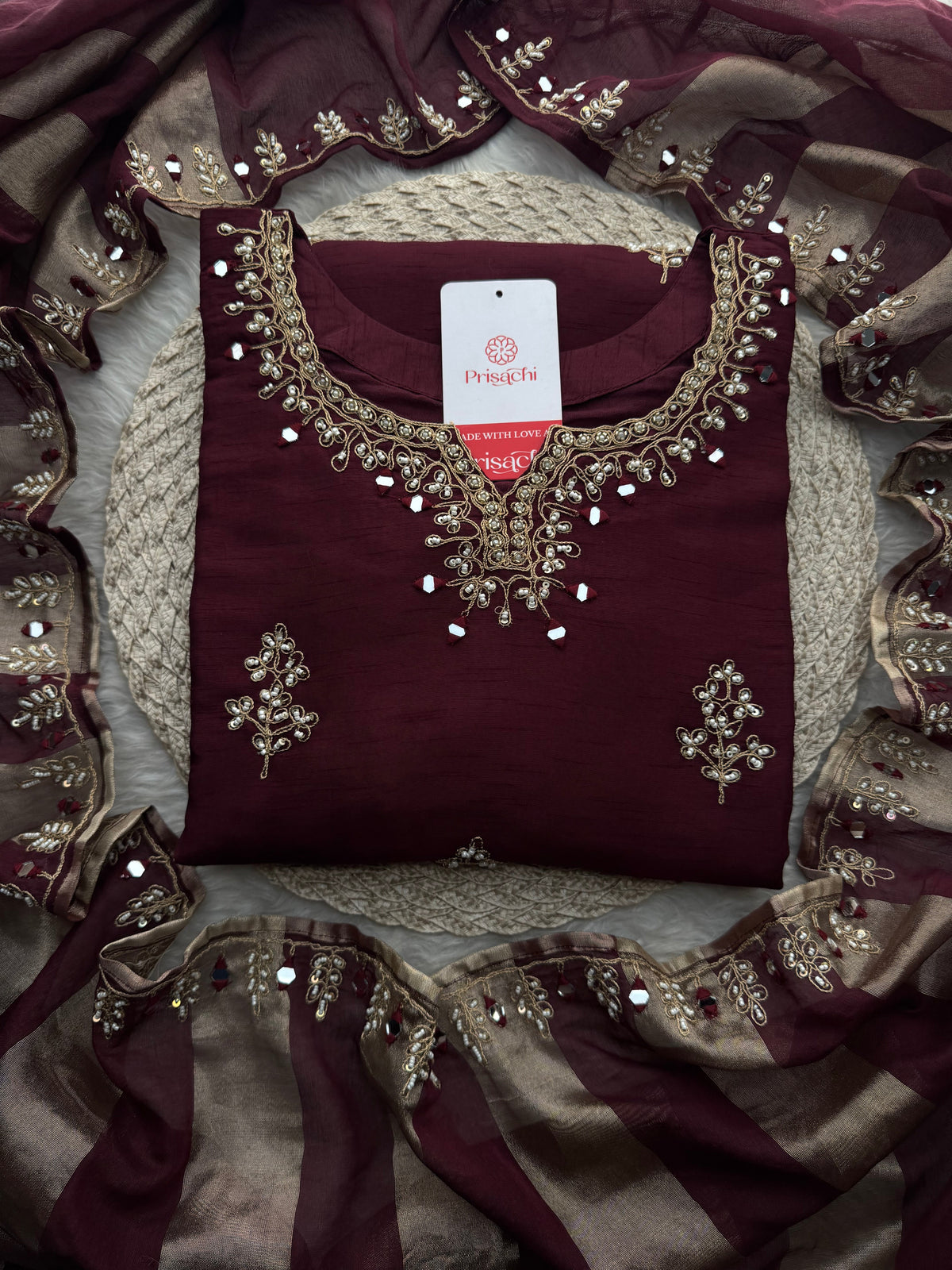 Brown hand embroidered kurta pant with dupatta