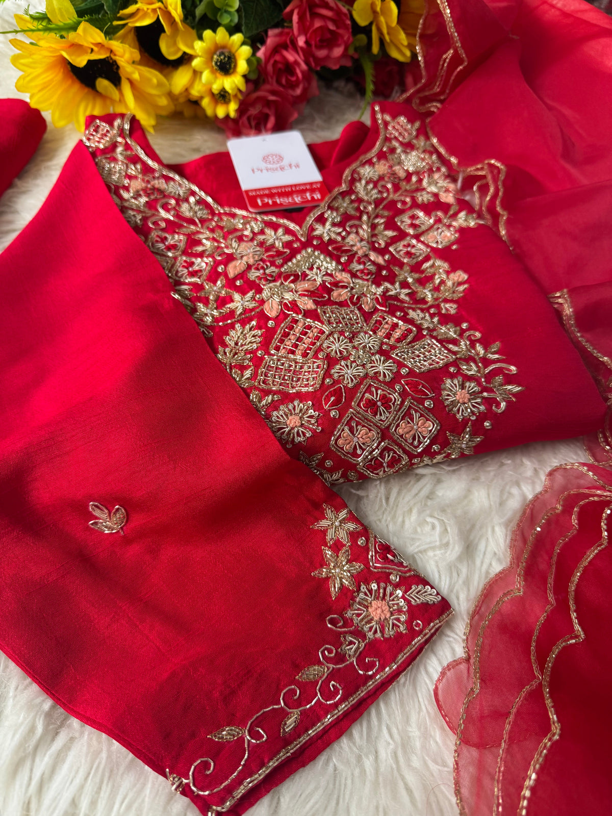 Red Embroidered kurta set with dupatta