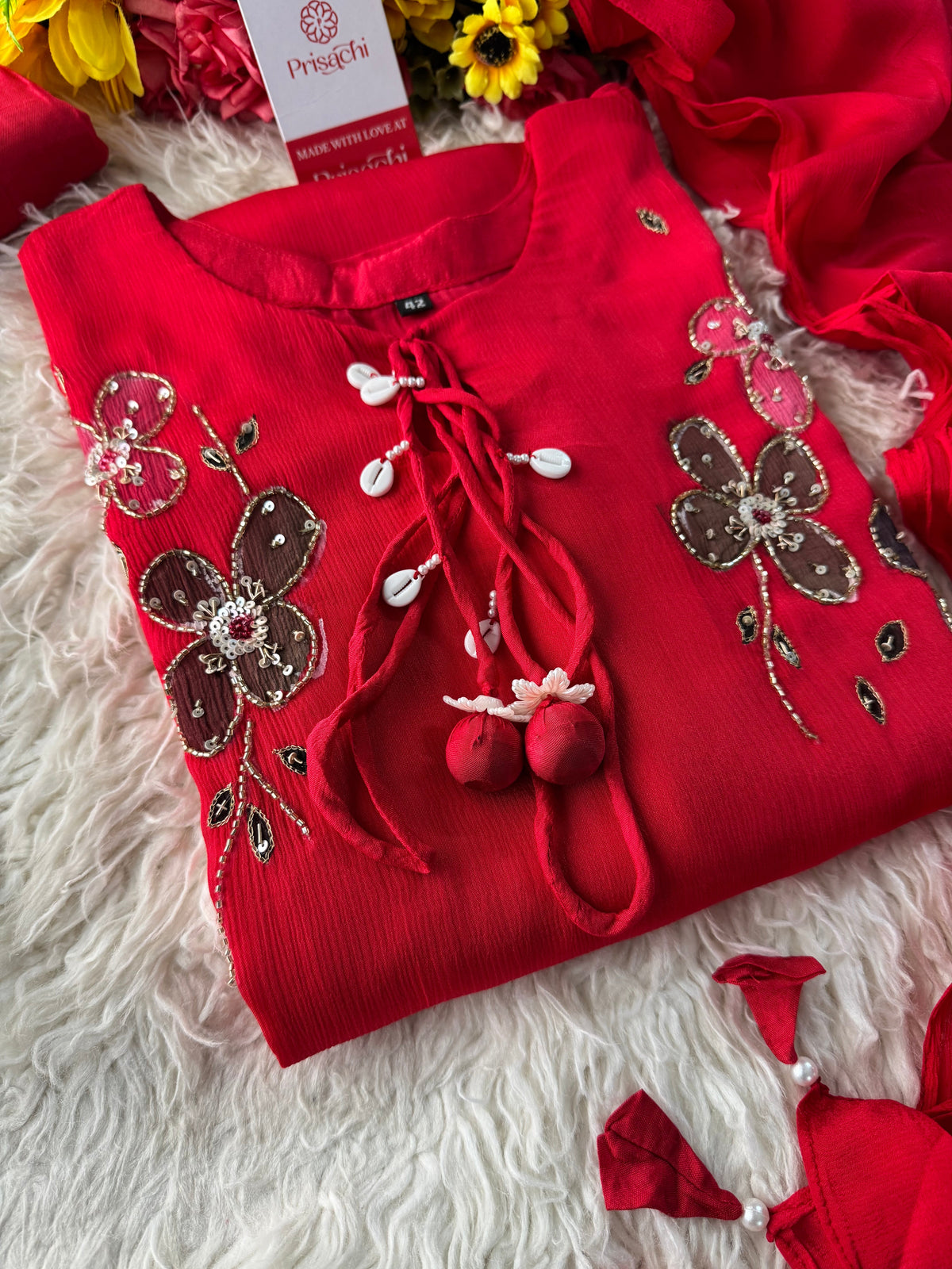 Brown hand embroidered A Line  kurta pant  with dupatta