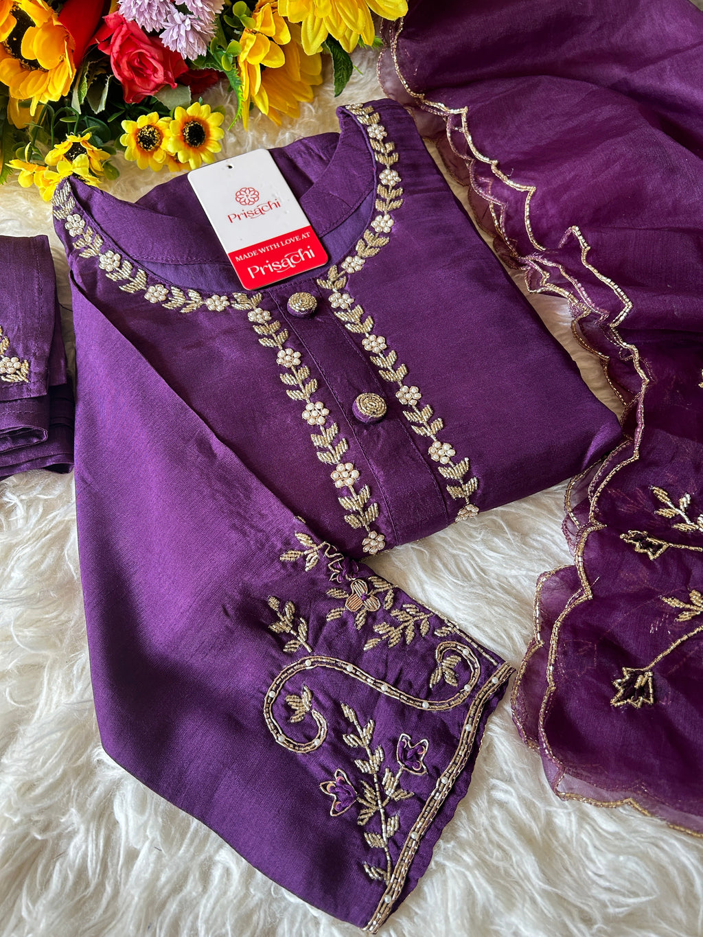 Purple embroidered kurta set with dupatta