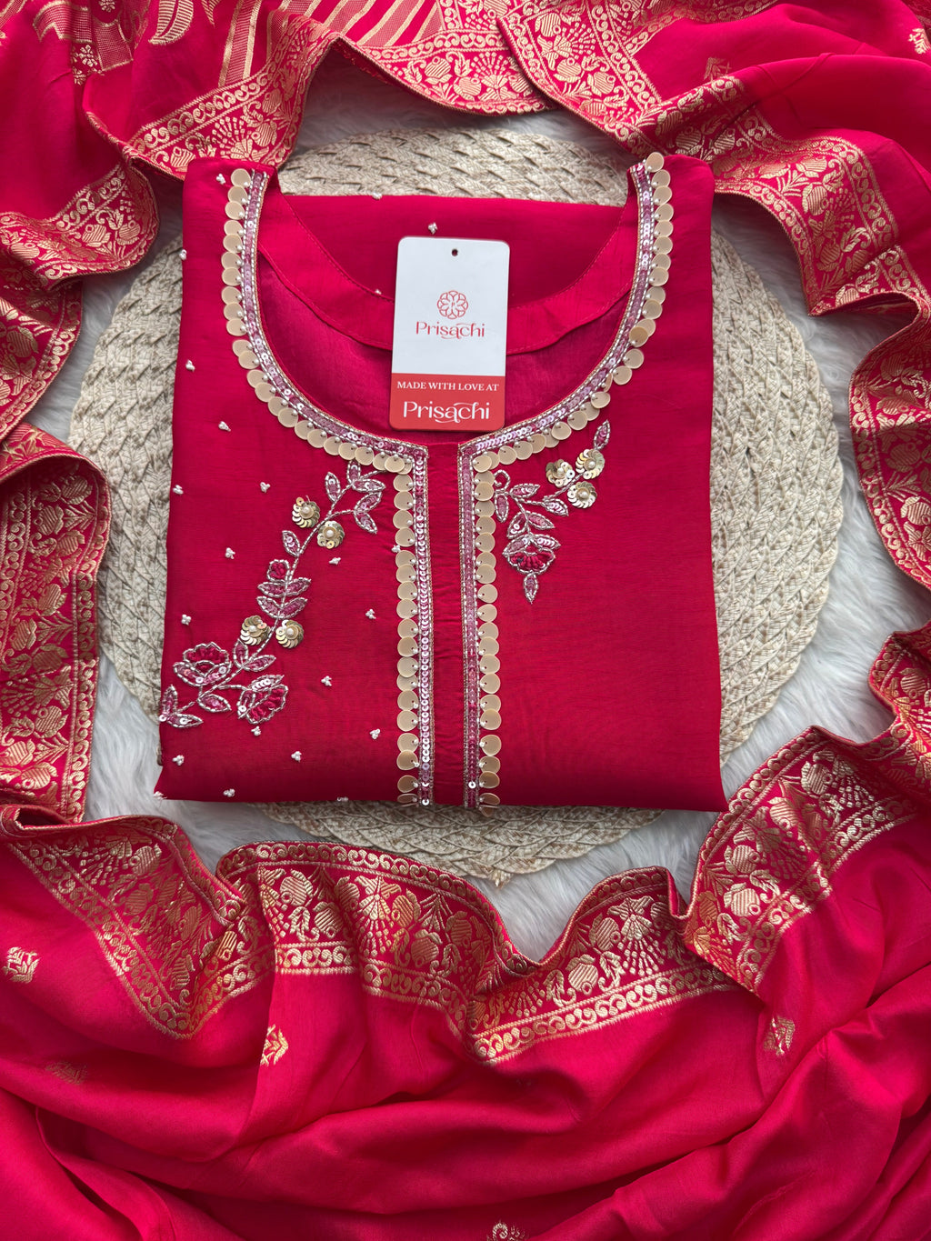Pink Designer Embroidered Ethnic Kurta Set with Pants & Floral Dupatta