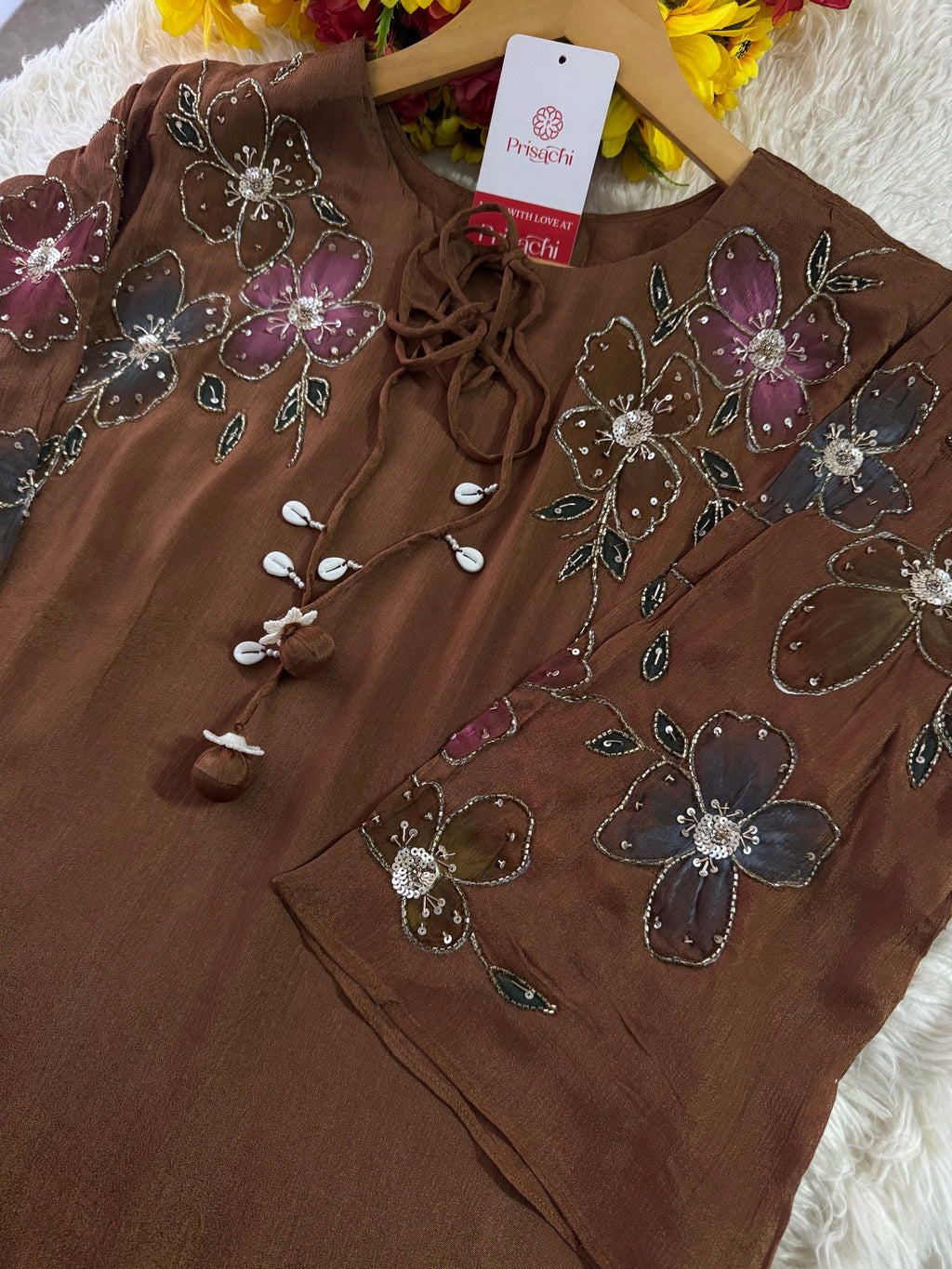 Brown hand embroidered A Line  kurta pant  with dupatta