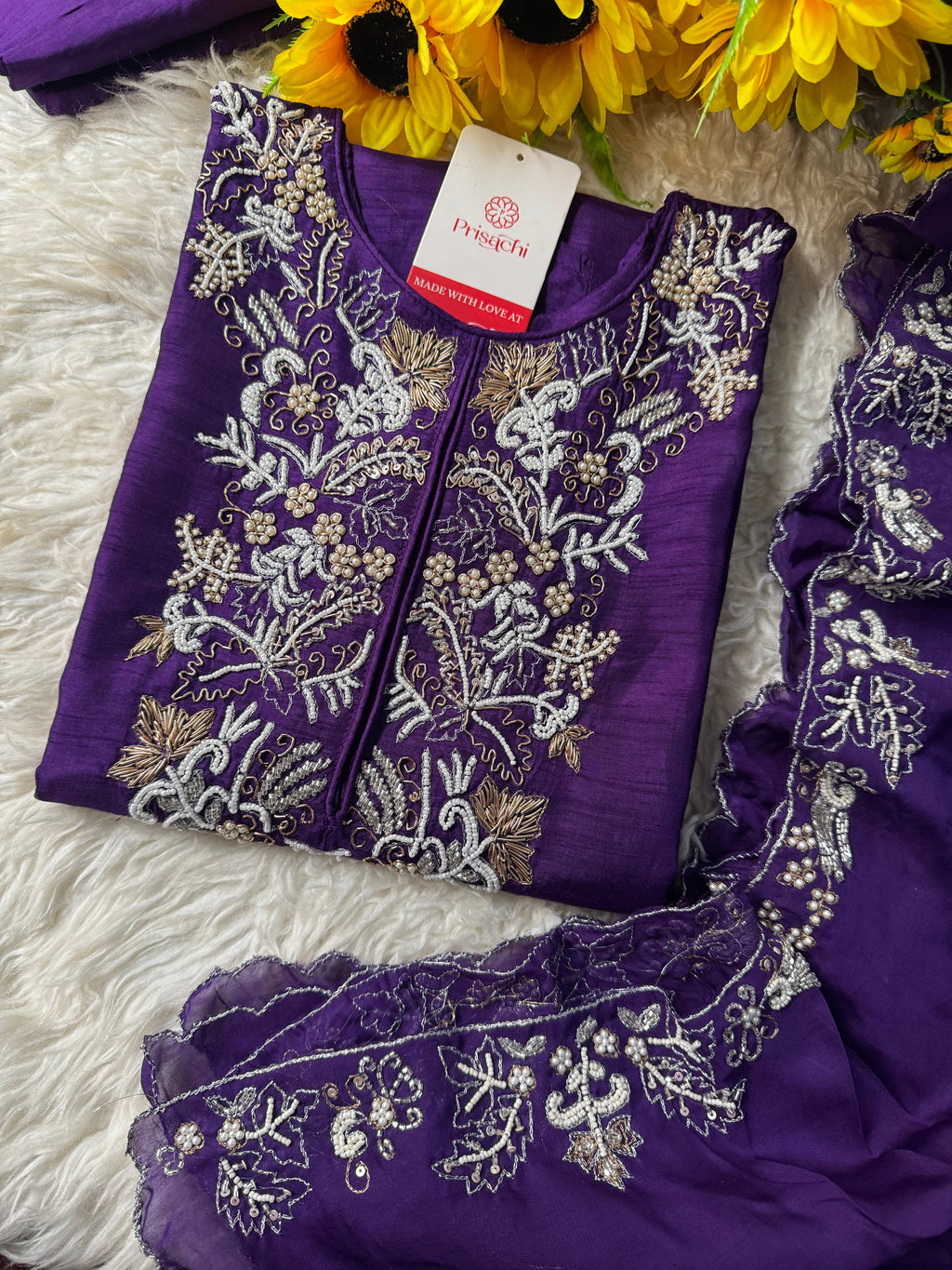 Purple Designer Embroidery Kurti pant with embroidered Work duptta