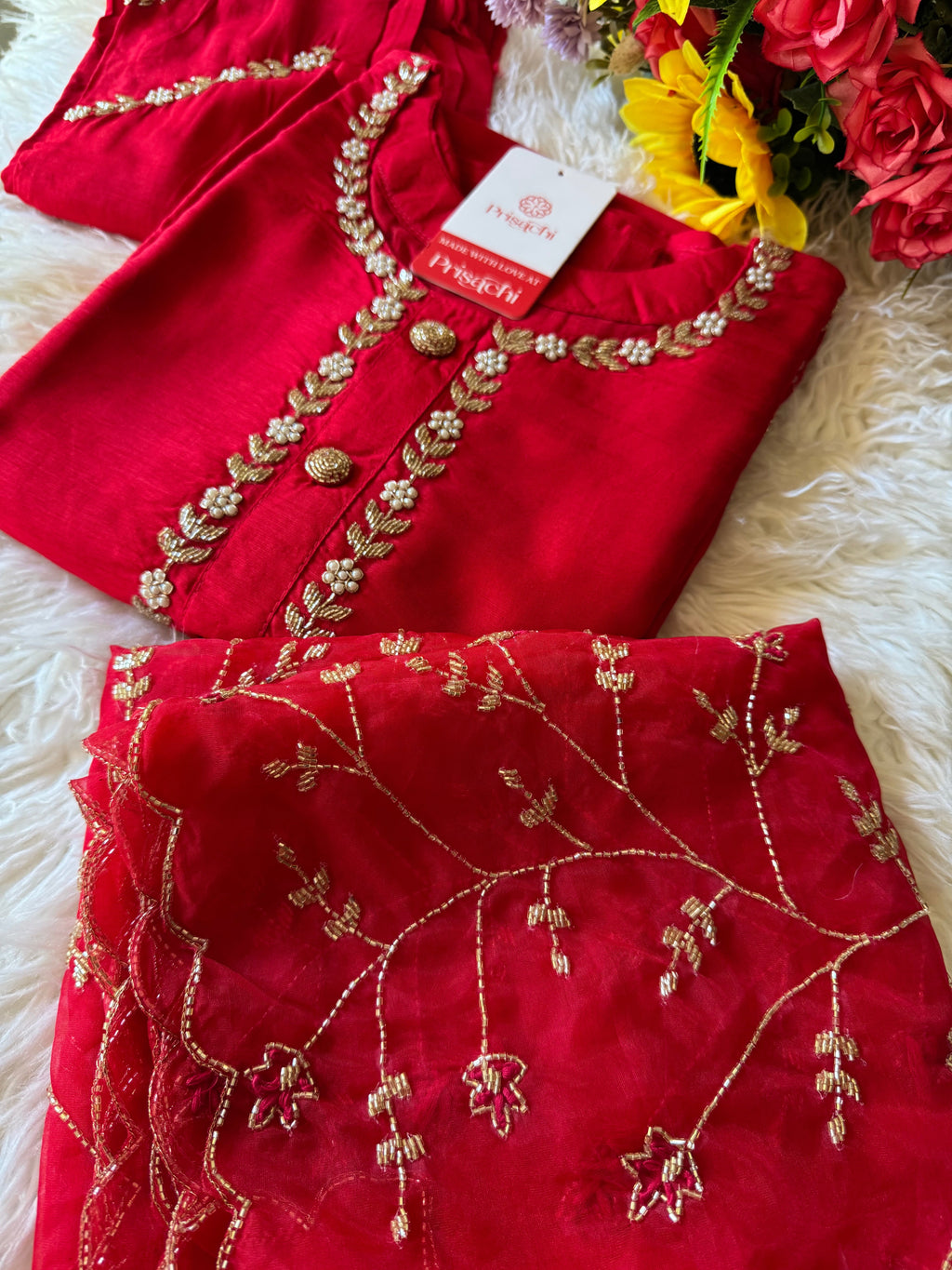 Red embroidered kurta Bottom  with dupatta
