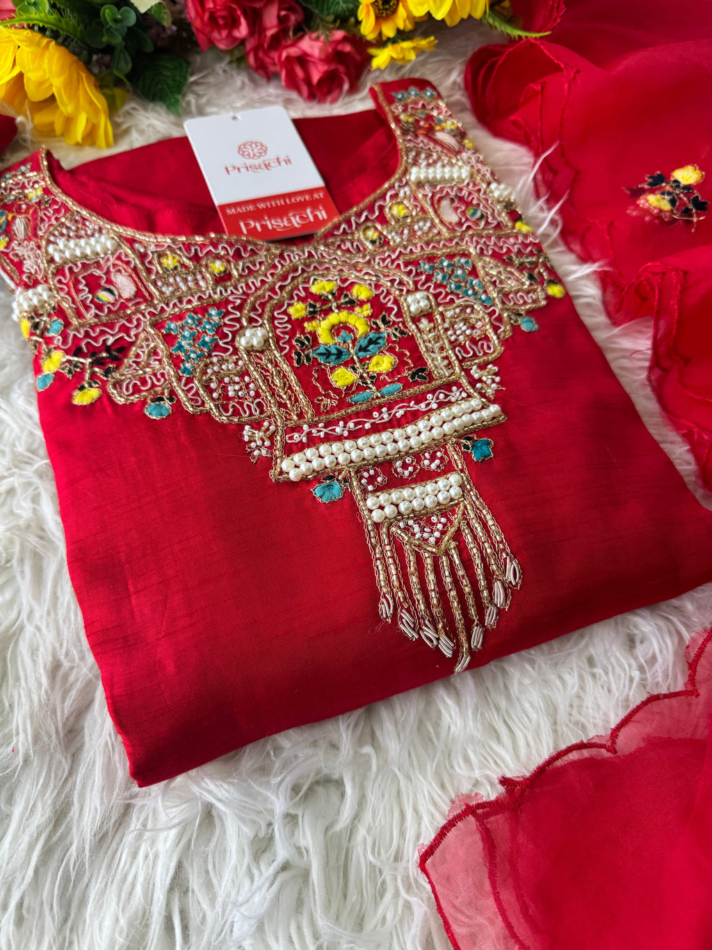 Red embroidered kurta set with dupatta