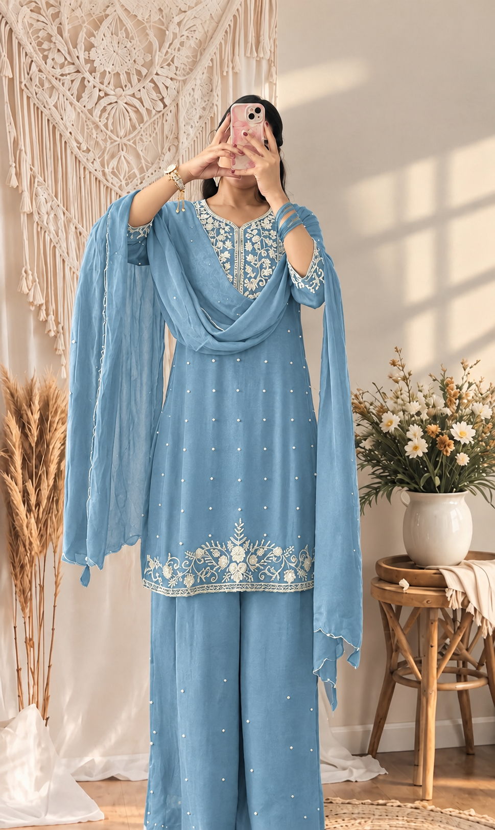 Pastel Blue Embroidered Kurta Set for Women with Palazzo Pants & Dupatta | Elegant Festive & Party Wear