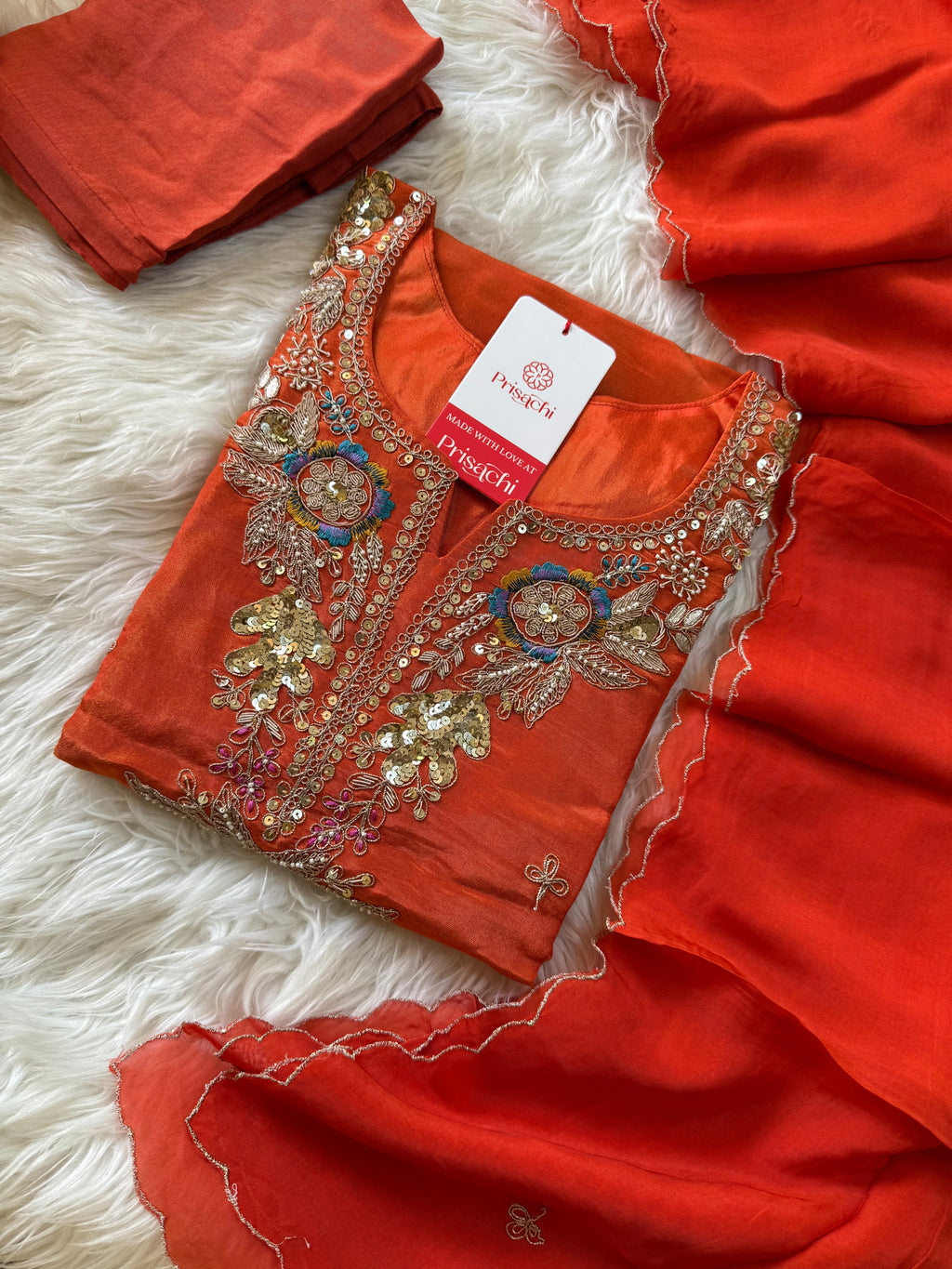 Orange Embroidered Kurta Set With viscous Dupatta