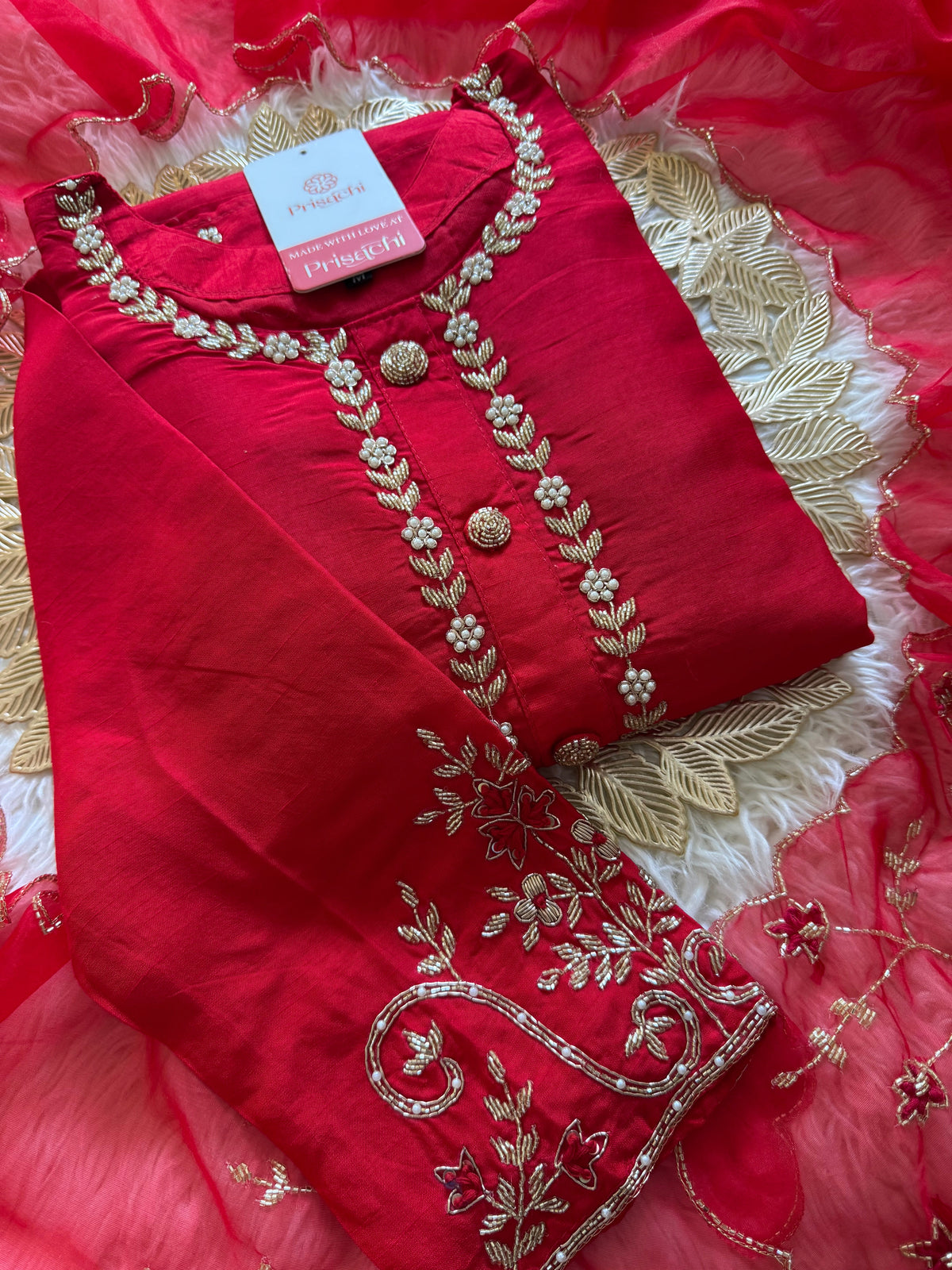 Red embroidered kurta Bottom  with dupatta