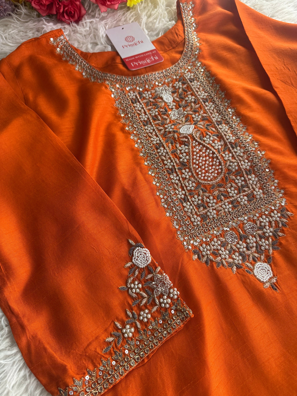 Orange  Designer embroidered kurta set with dupatta