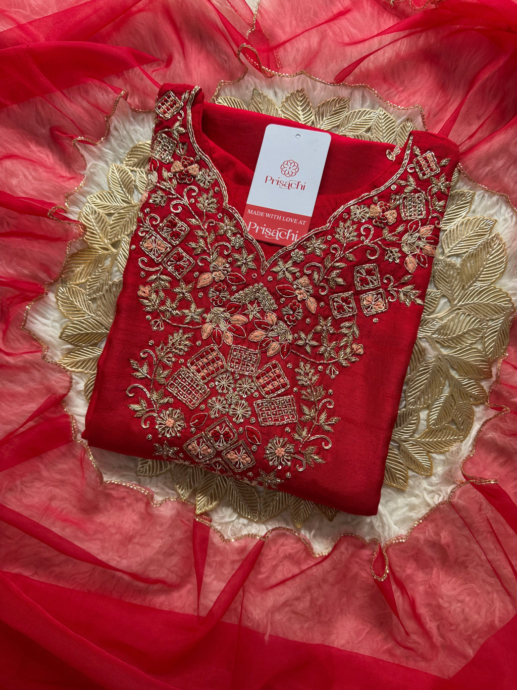 Red Embroidered kurta set with dupatta