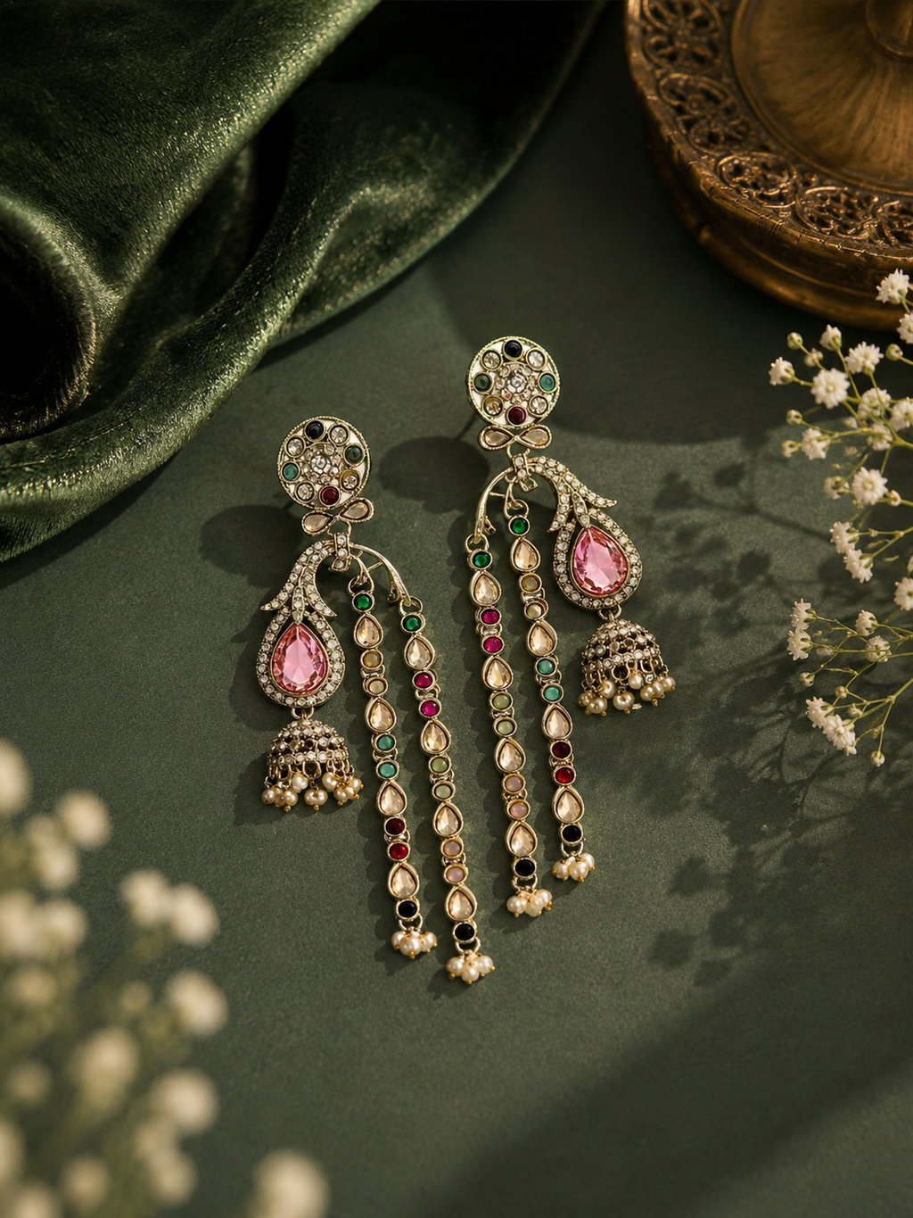 Gold-Plated Multicolor Kundan & Pink Stone Earrings for Women