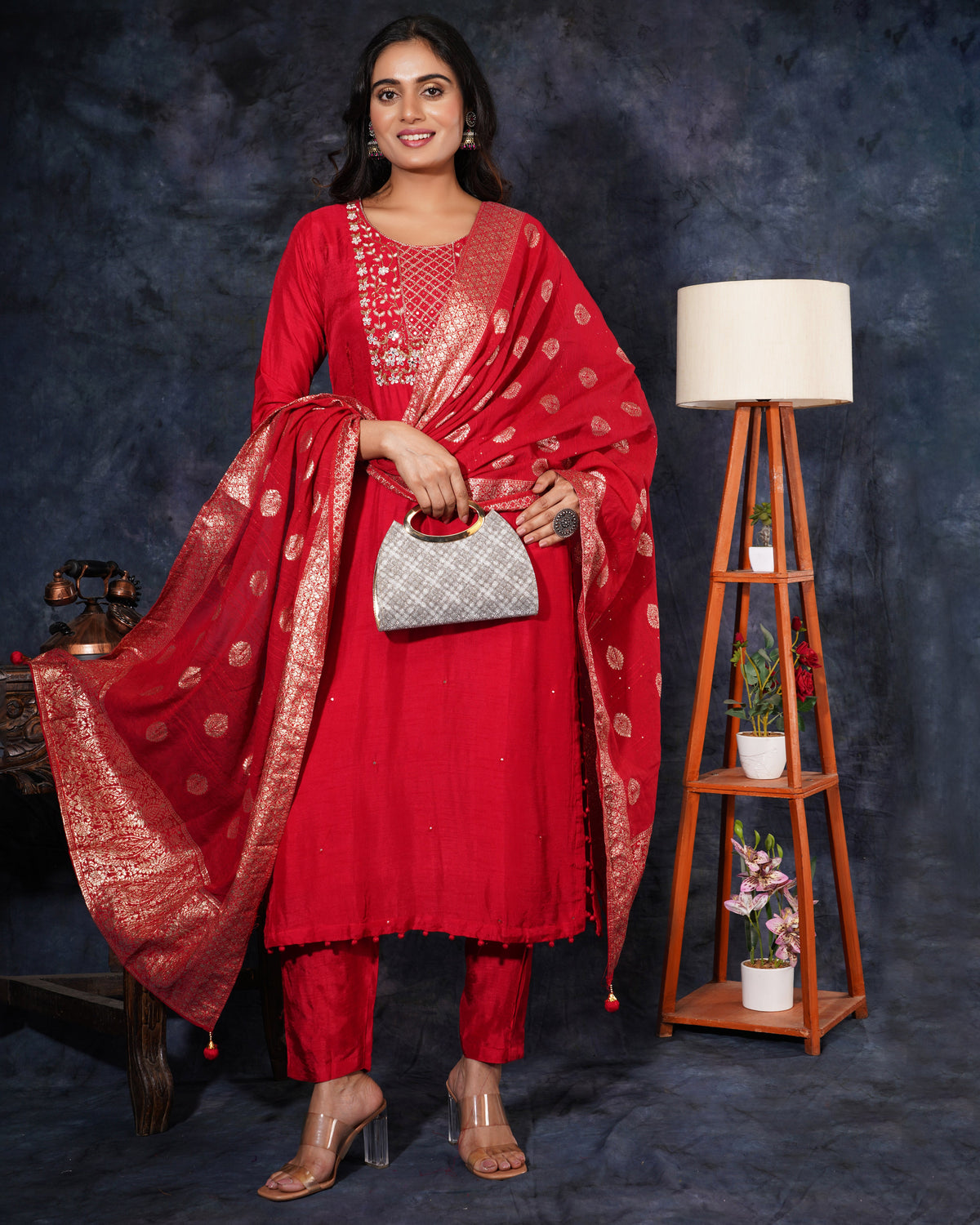 Red Embroidered kurta set with dupatta