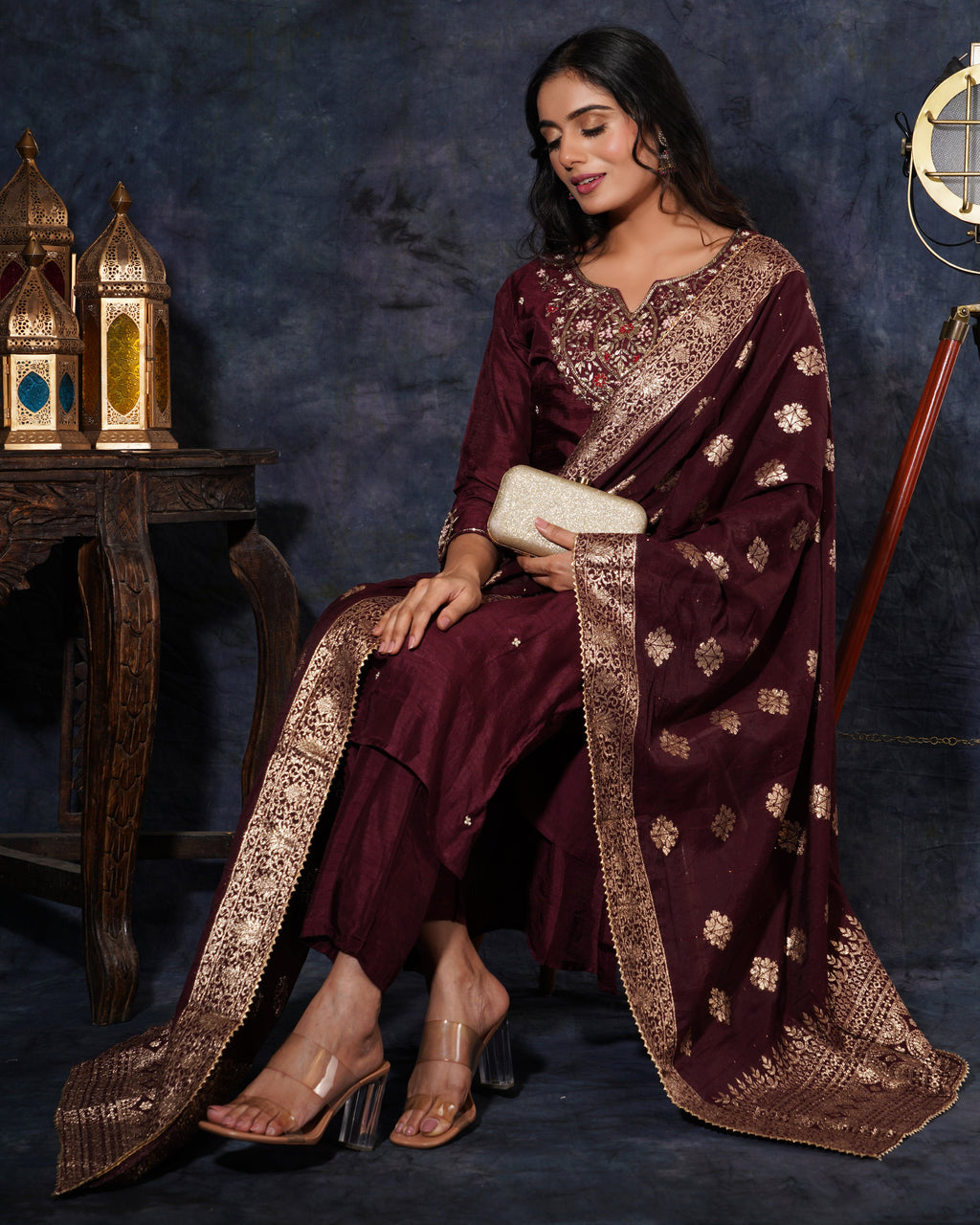 Brown hand embroidered kurta pant  with dupatta