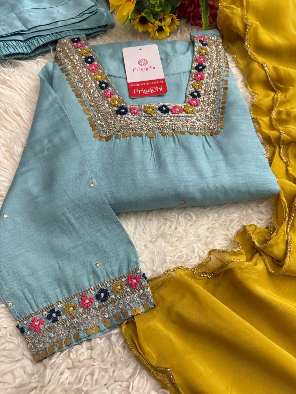 Sky Blue embroidered kurta Bottom with dupatta