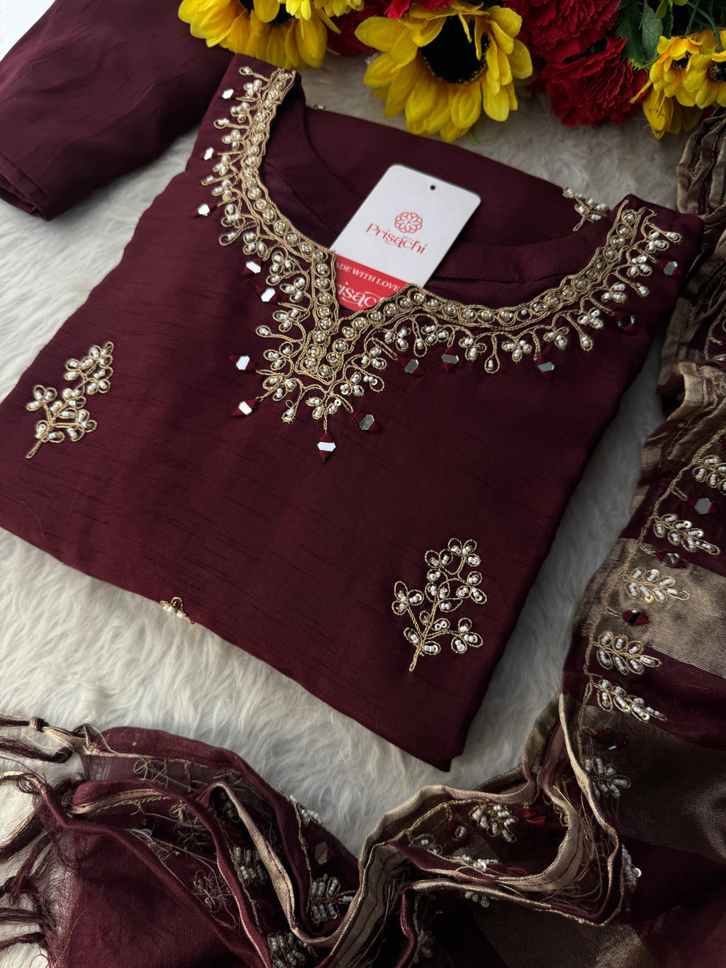 Brown hand embroidered kurta pant with dupatta