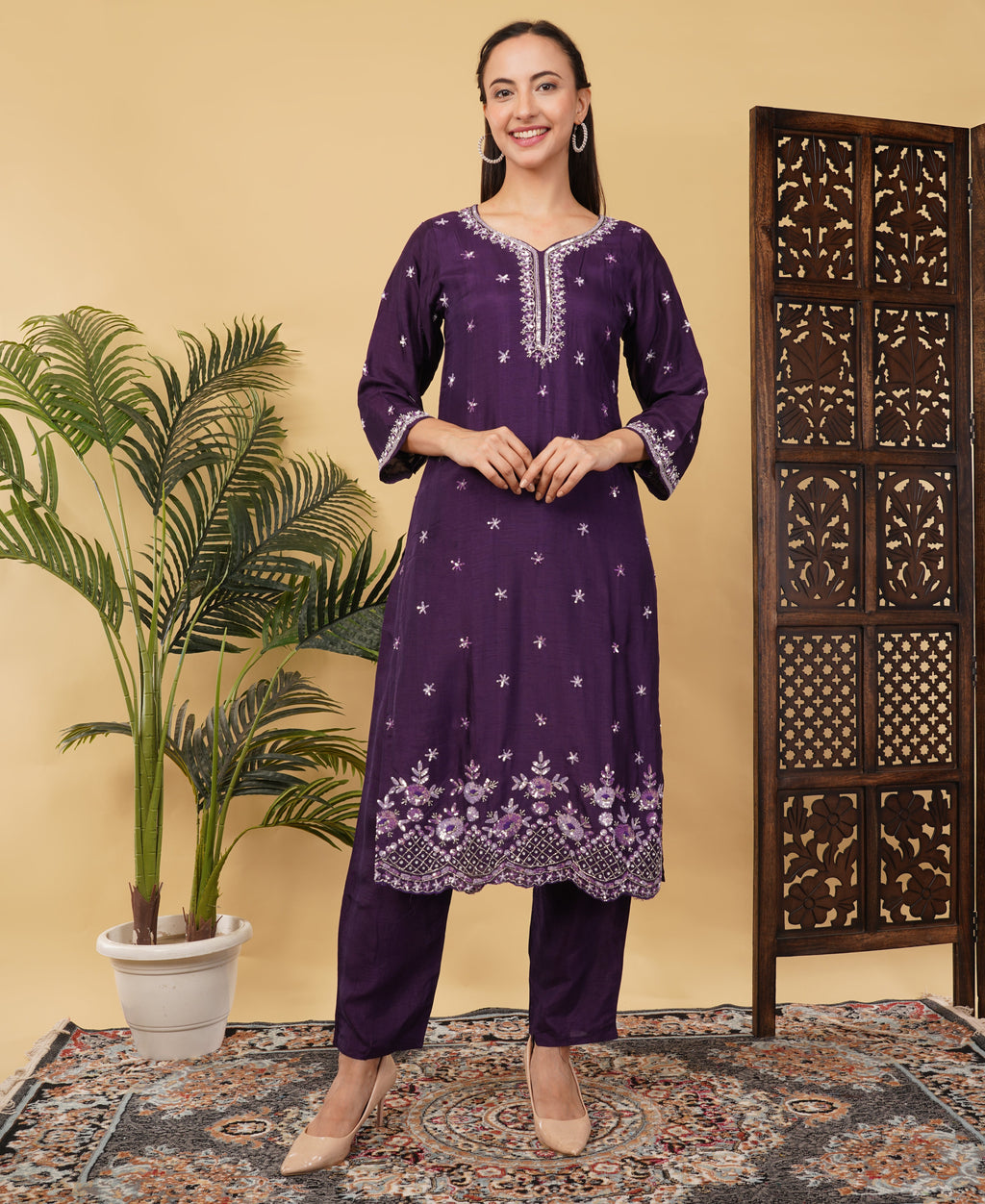 Prisachi Designer neck embroidered kurta set with dupatta for Women