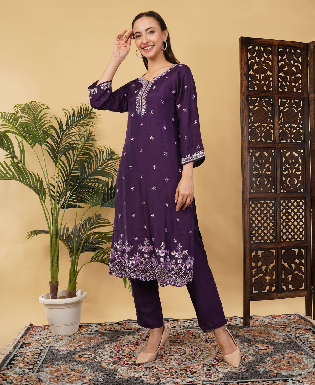 Prisachi Designer neck embroidered kurta set with dupatta for Women