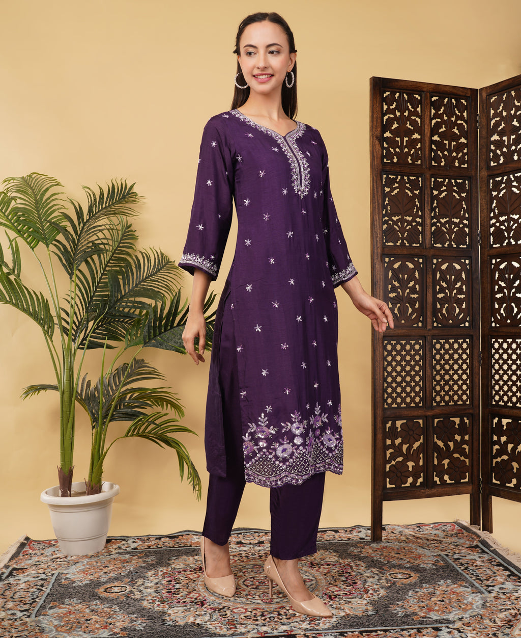 Prisachi Designer neck embroidered kurta set with dupatta for Women