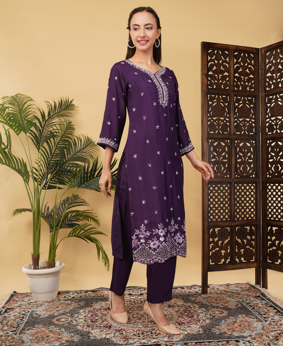 Prisachi Designer neck embroidered kurta set with dupatta for Women
