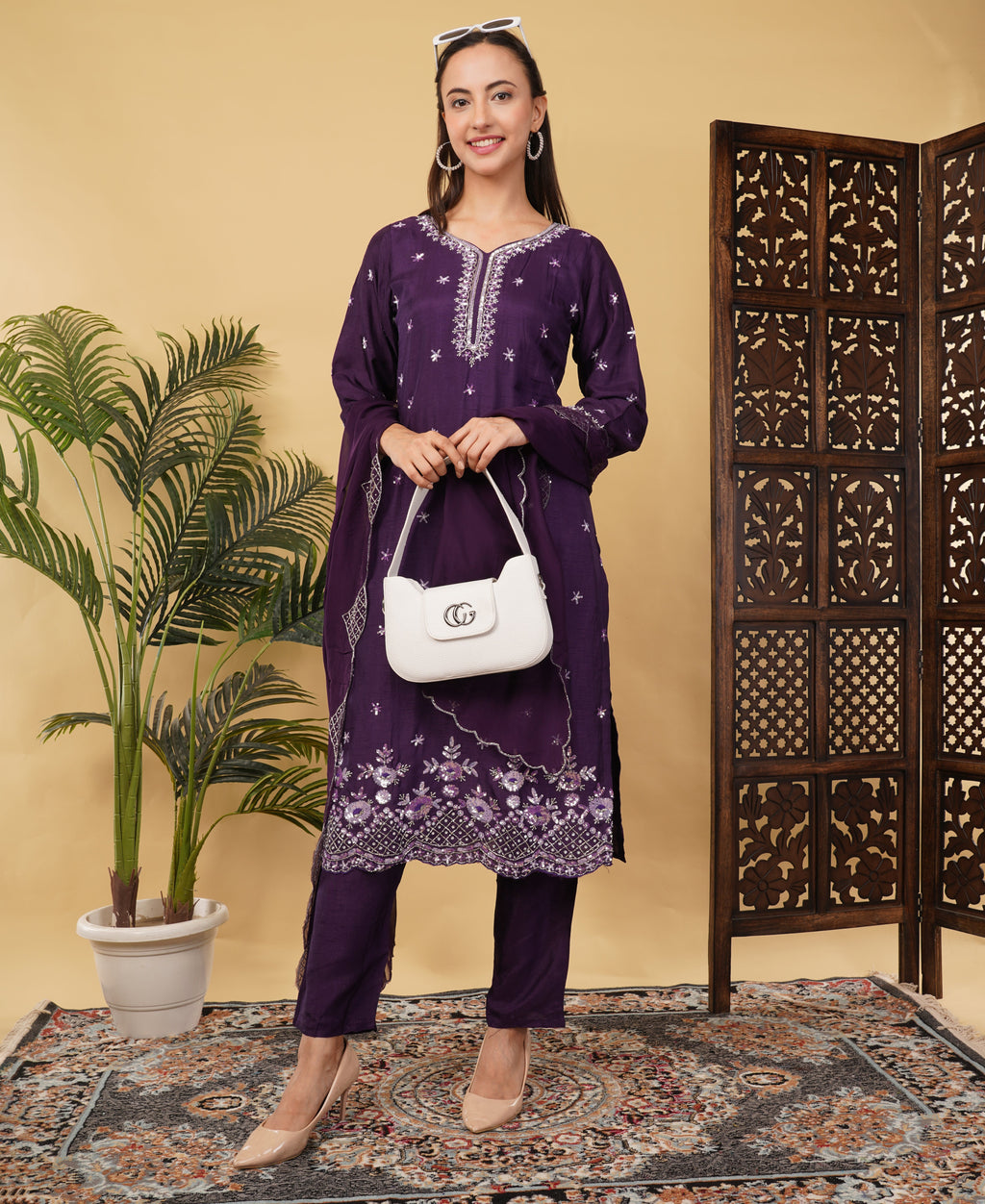 Prisachi Designer neck embroidered kurta set with dupatta for Women
