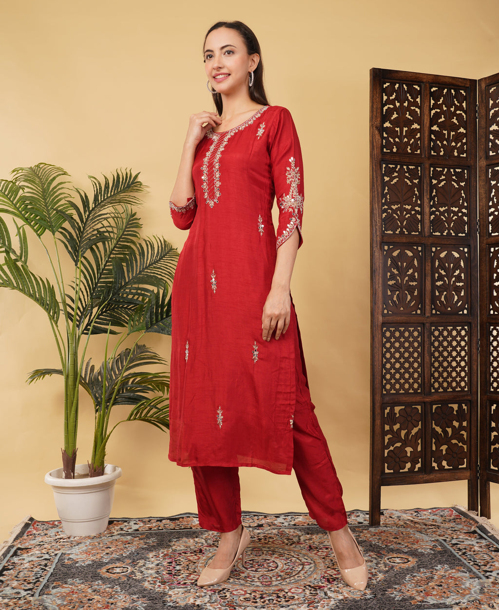 Prisachi Red Embroidered kurta set with dupatta