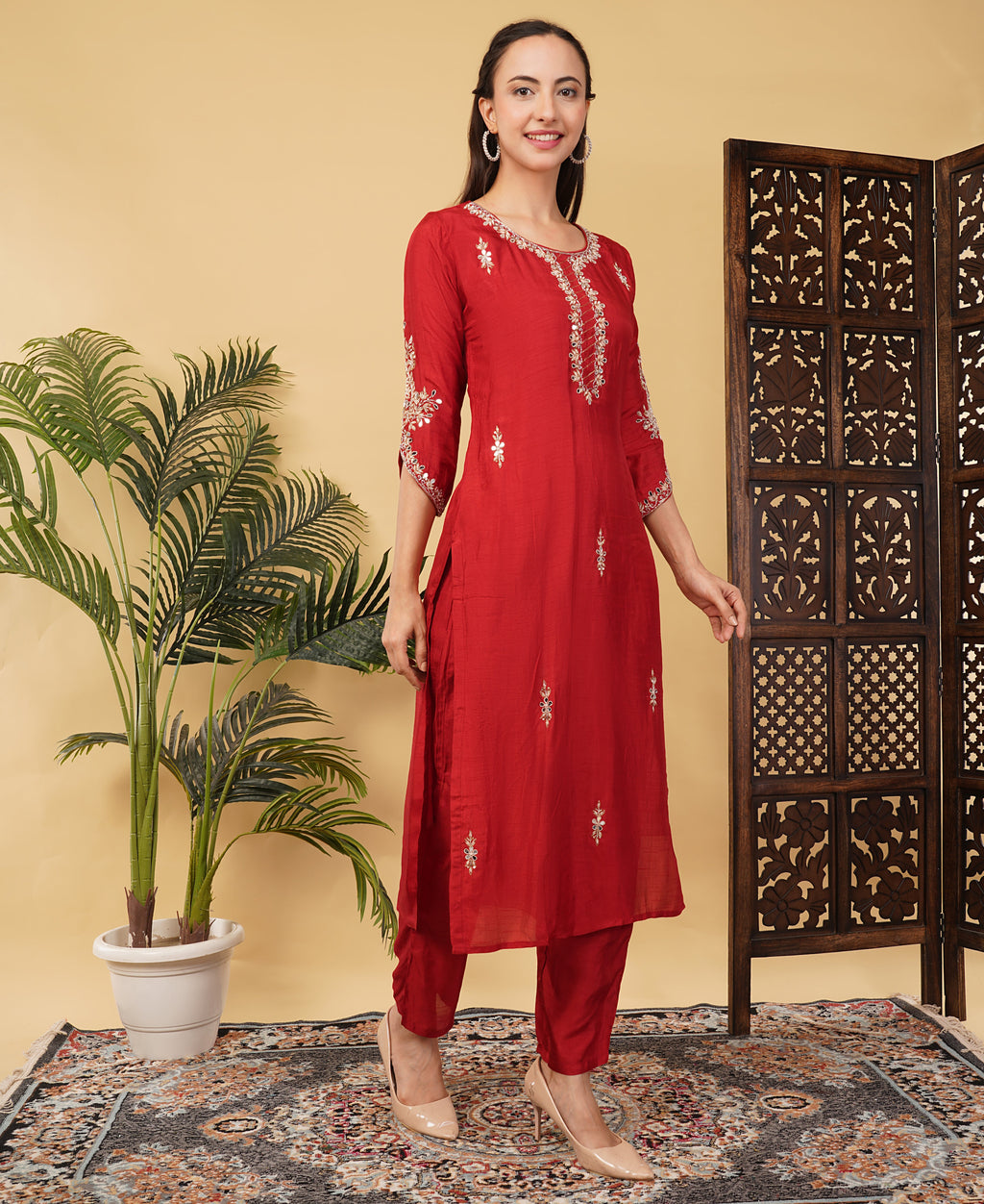 Prisachi Red Embroidered kurta set with dupatta