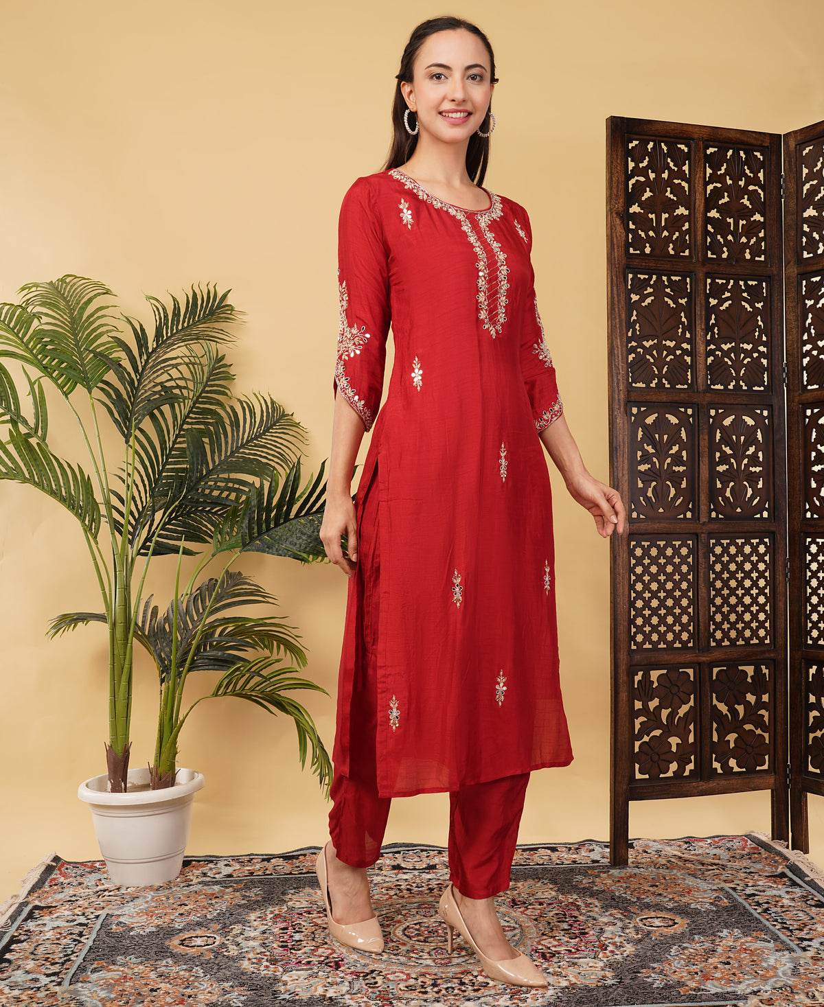 Prisachi Red Embroidered kurta set with dupatta