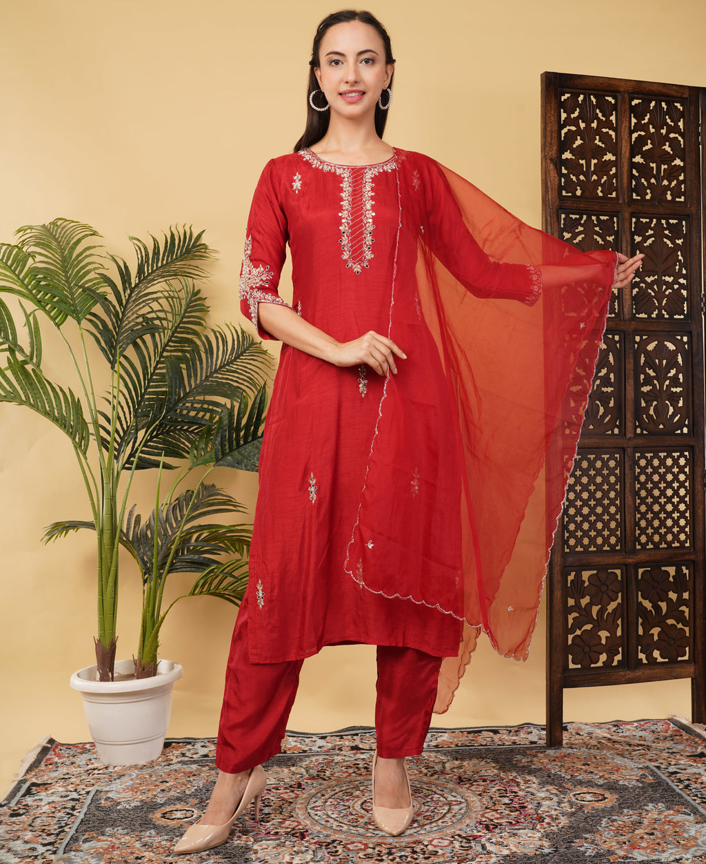 Prisachi Red Embroidered kurta set with dupatta