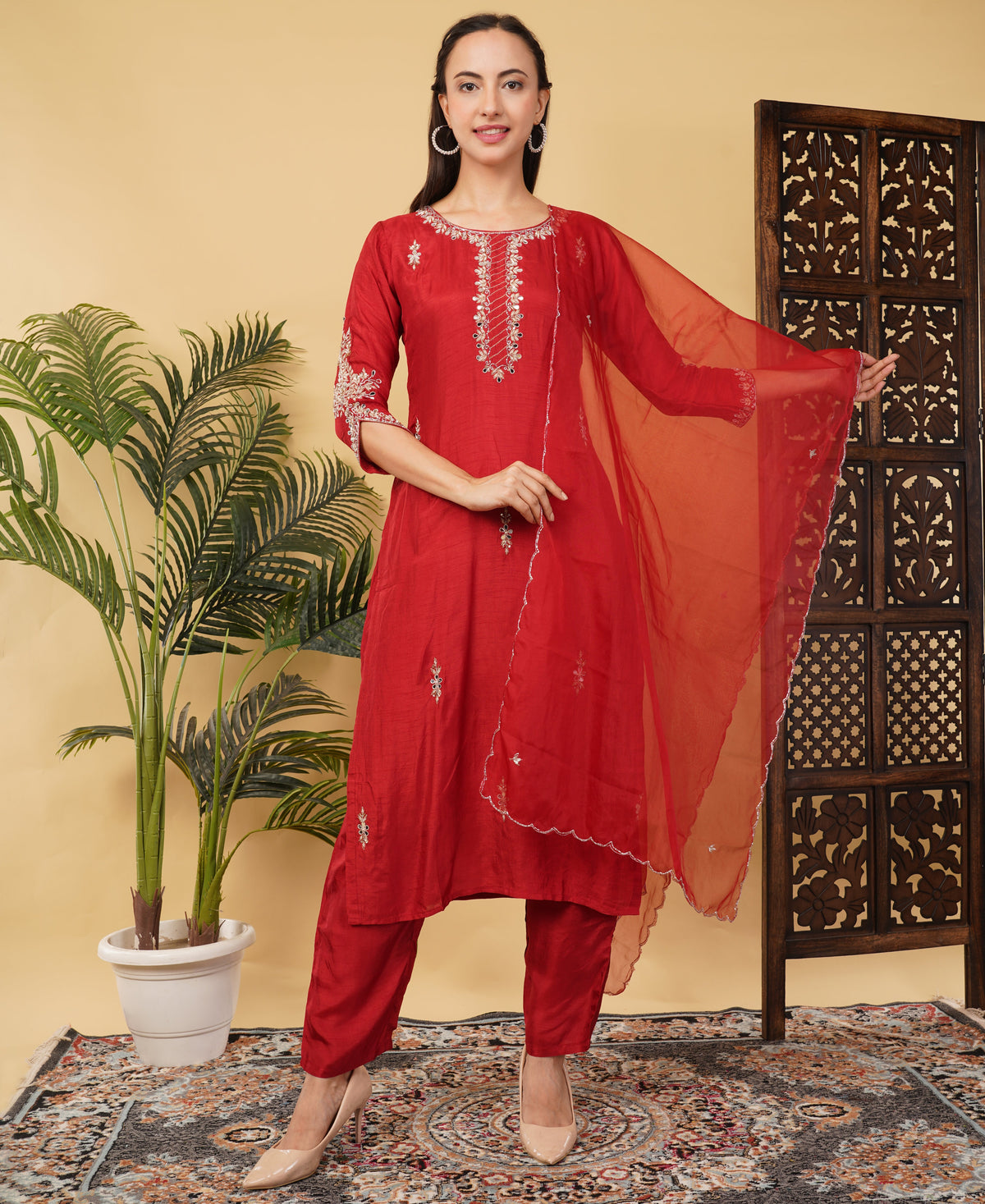 Prisachi Red Embroidered kurta set with dupatta